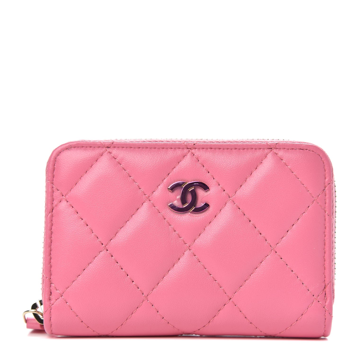 Chanel Lambskin Quilted Zip Around Coin Purse Wallet Pink Yellow 1 of 8