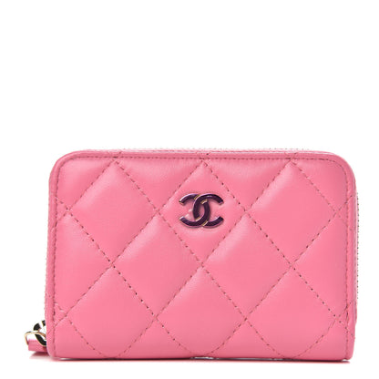 Chanel Lambskin Quilted Zip Around Coin Purse Wallet Pink Yellow 1 of 8