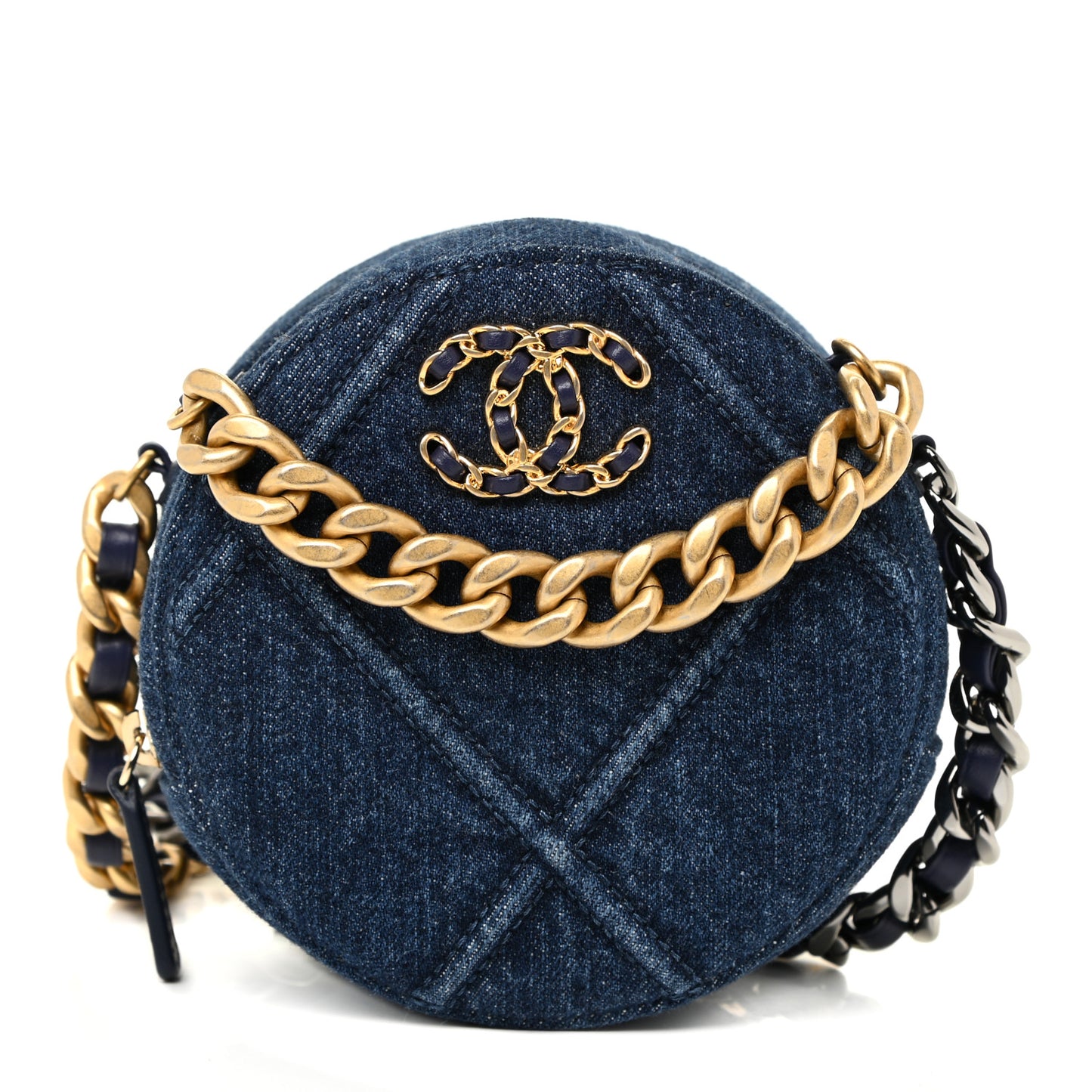 Denim Quilted Chanel 19 Round Clutch With Chain Blue