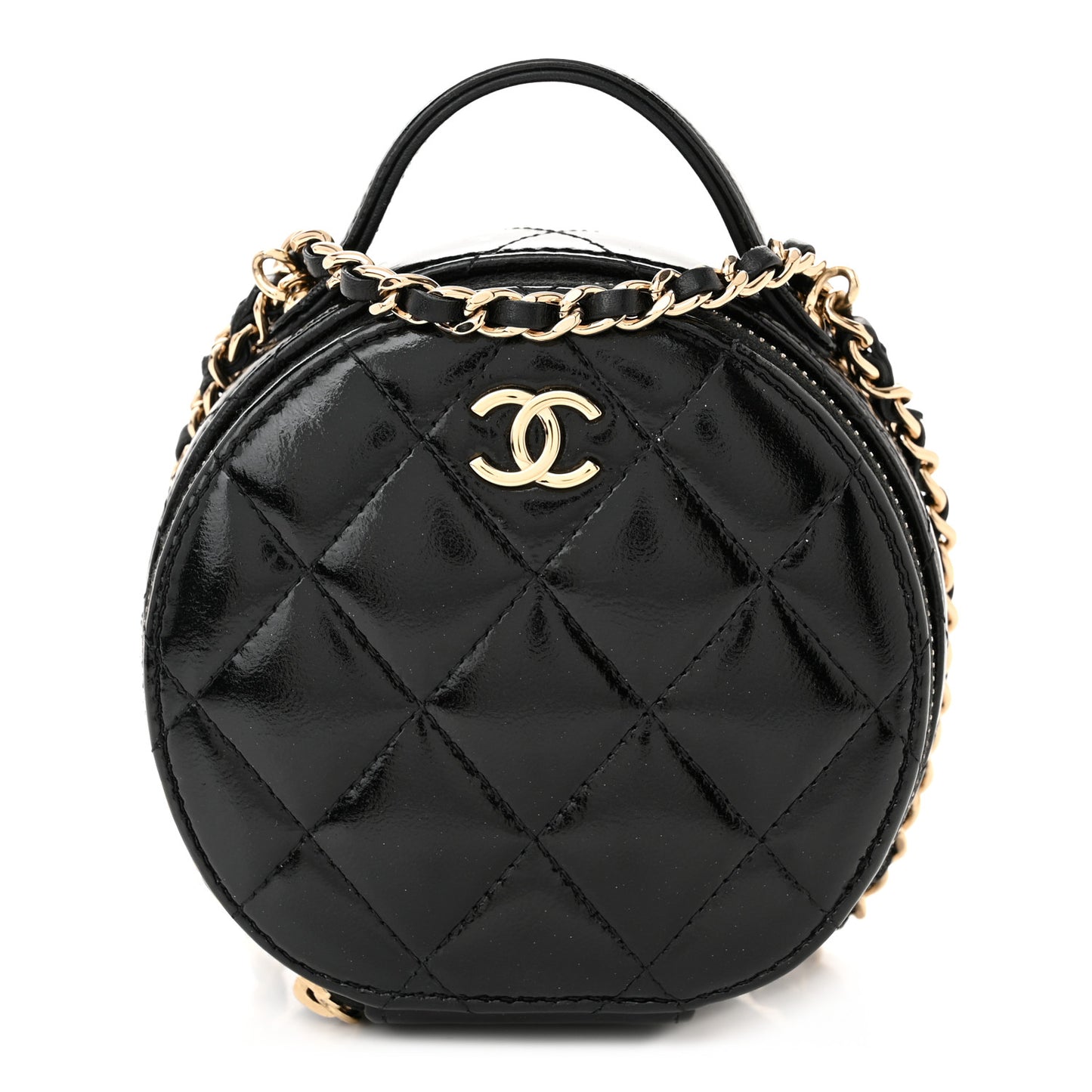 Patent Lambskin Round Handle With Care Vanity With Chain Black