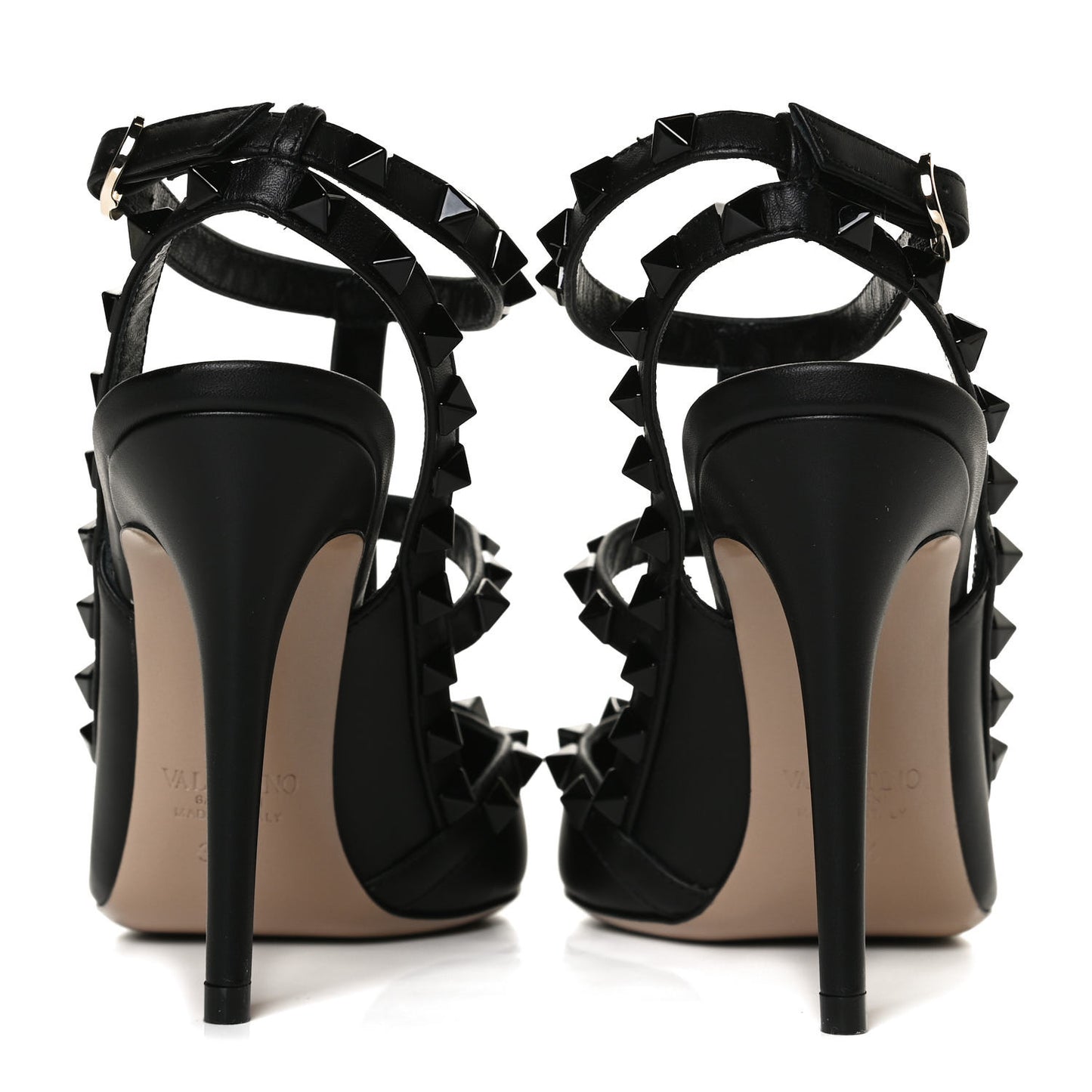 Calfskin Lacquered Monochrome Rockstud Ankle Strap 100mm Pumps 36.5 Black