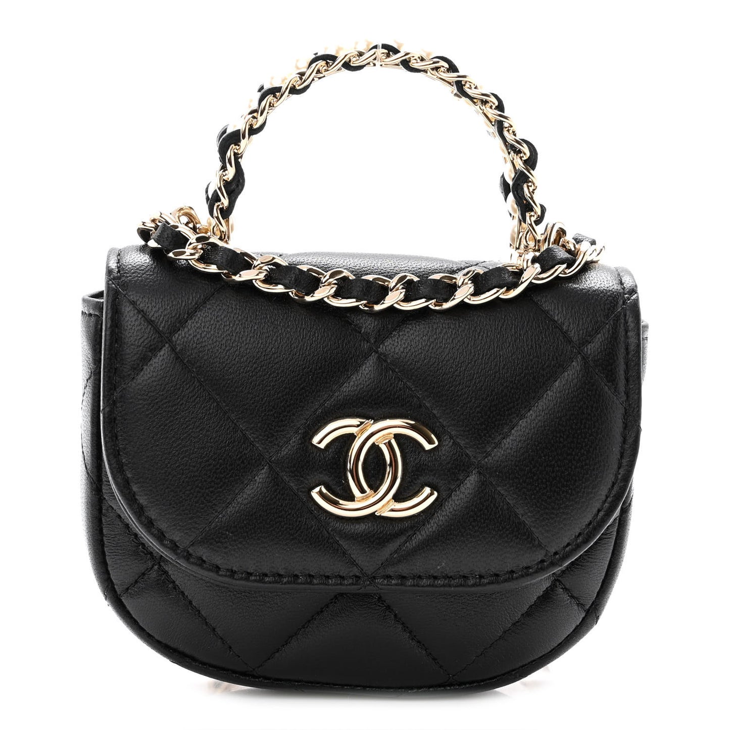 Lambskin Quilted Pearl Top Handle Clutch With Chain Black