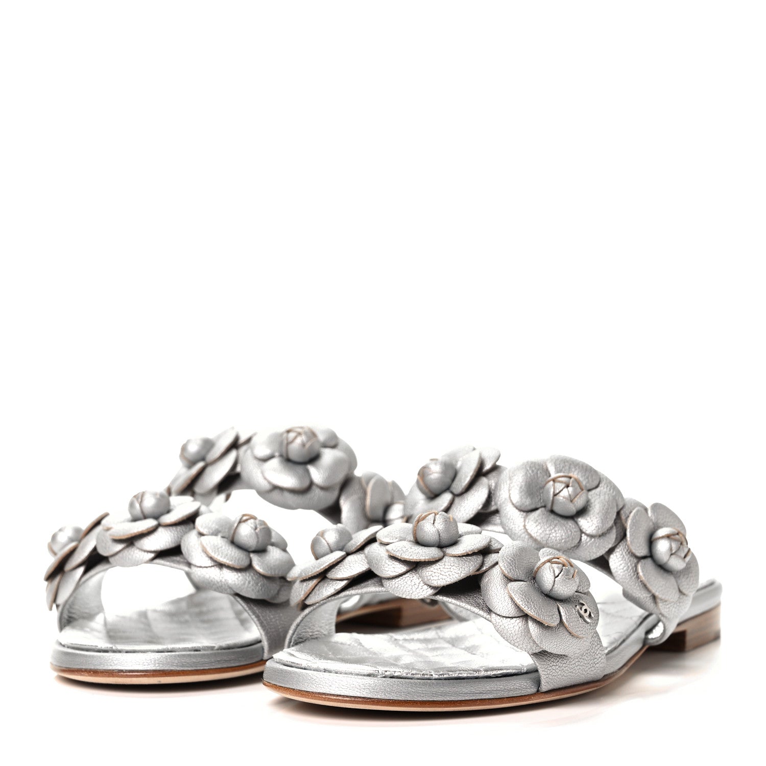 Chanel Metallic Lambskin Camellia Slide Sandals 35 Silver 3 of 9