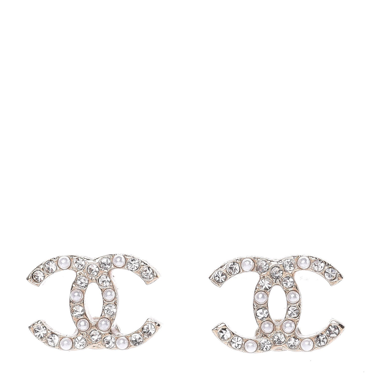 Pearl Crystal CC Charms Stud Earrings Light Gold