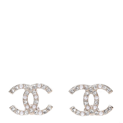 Chanel Pearl Crystal CC Charms Stud Earrings Light Gold 1 of 5