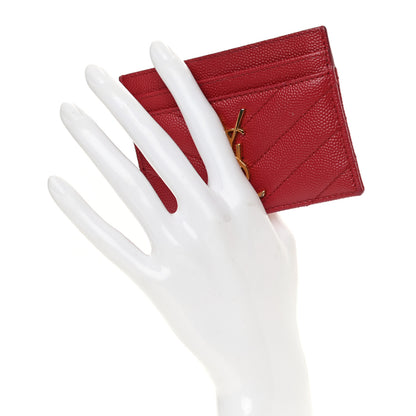 Saint Laurent Grain De Poudre Matelasse Chevron Monogram Credit Card Case New Red 2 of 9