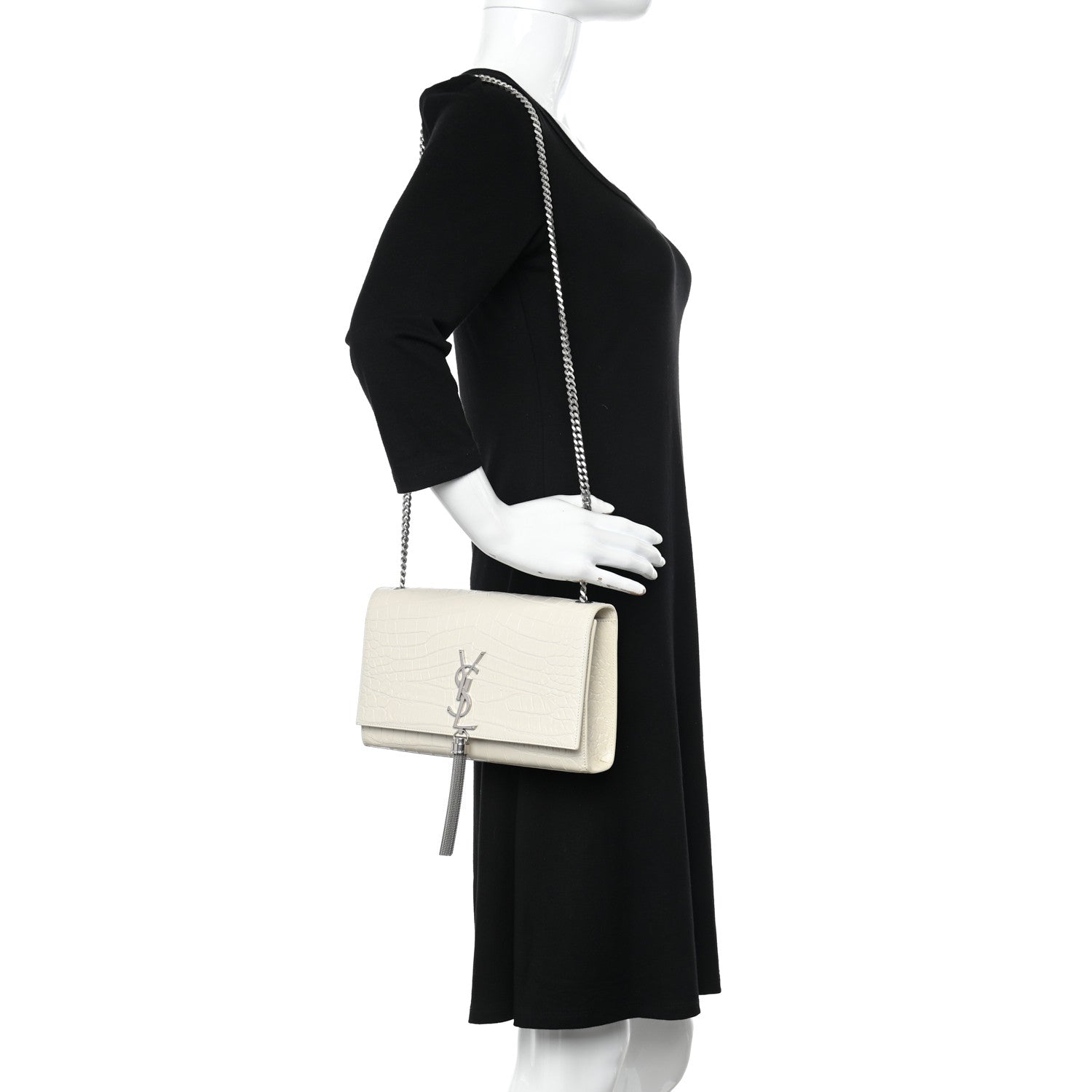 Saint Laurent Calfskin Crocodile Embossed Medium Classic Monogram Kate Tassel Satchel Crema Soft 2 of 13