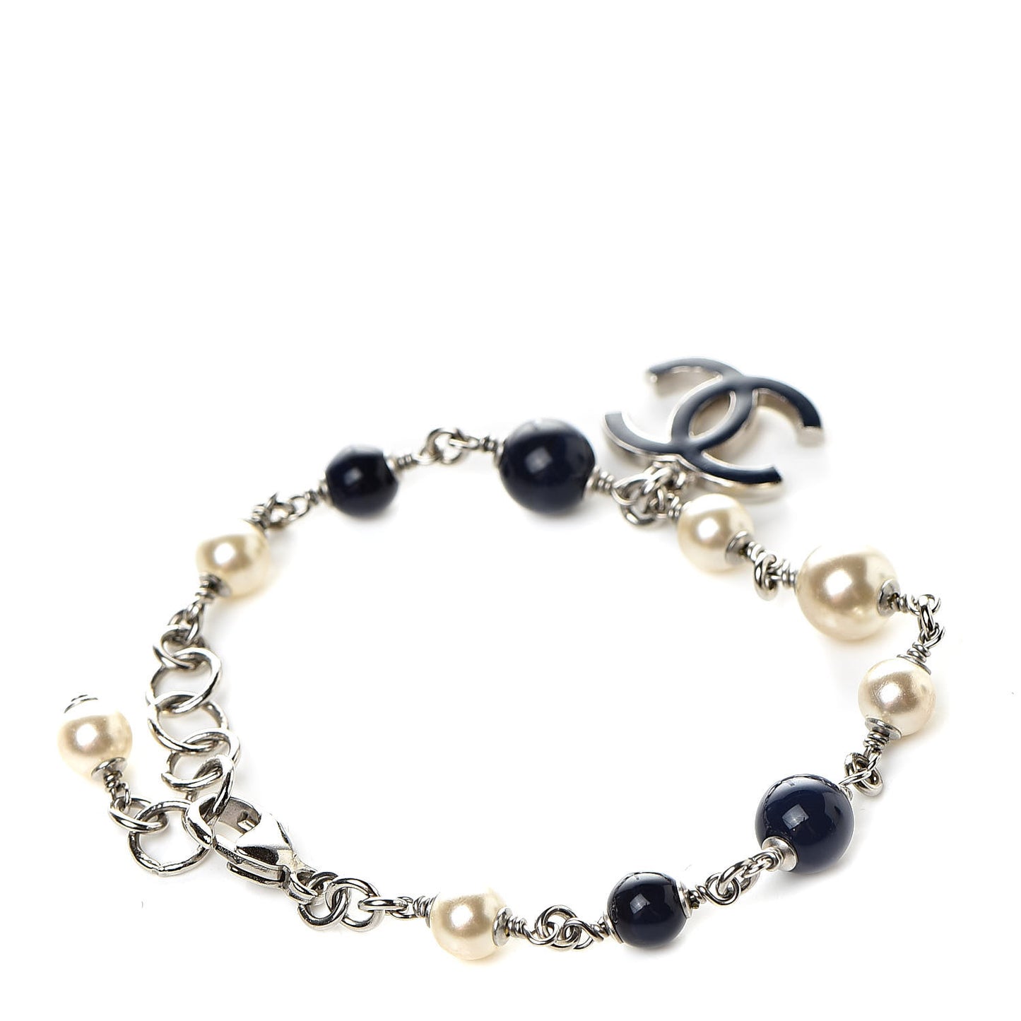 Enamel Pearl Beaded CC Bracelet Navy Silver