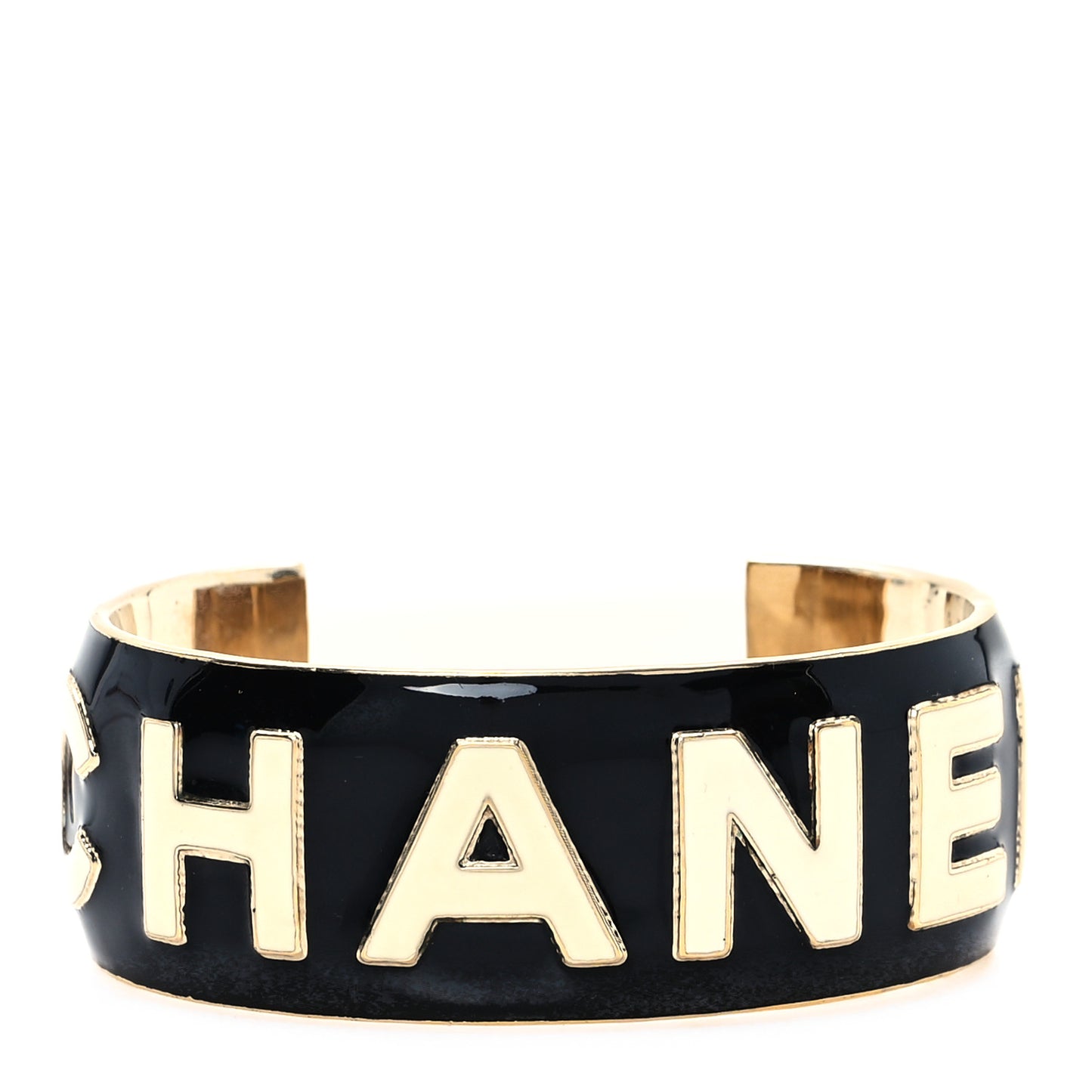 Metal Enamel Wide Chanel Logo Cuff Bracelet L Black White