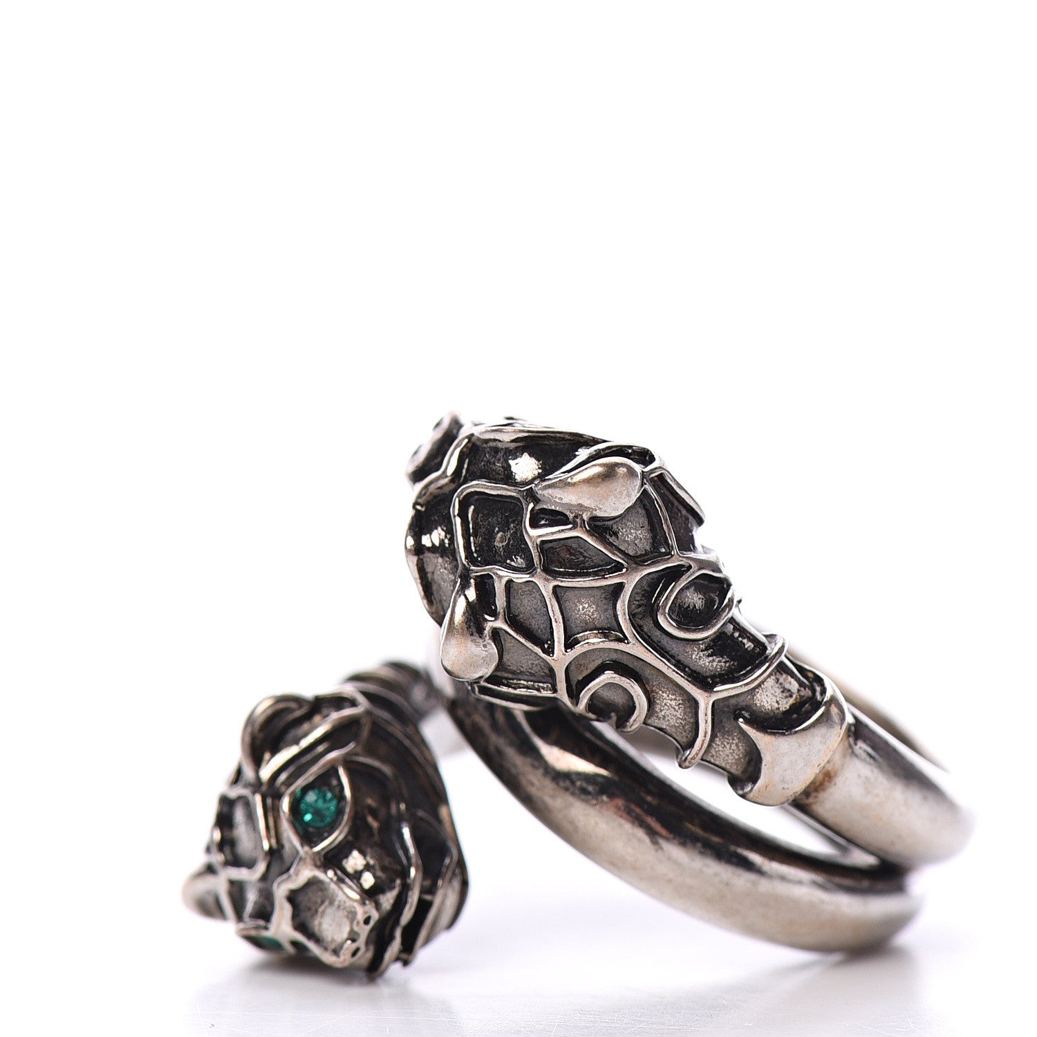 Gucci Metal Swarovski Tiger Head Ring 7.25 Aged Silver Green 2 of 5