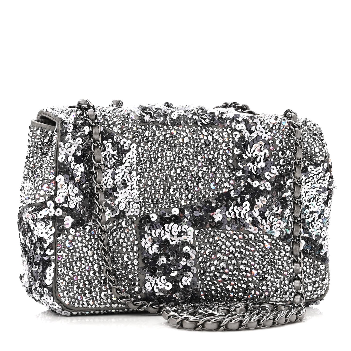 Lambskin Sequin Crystal Diamante Mini Flap Silver