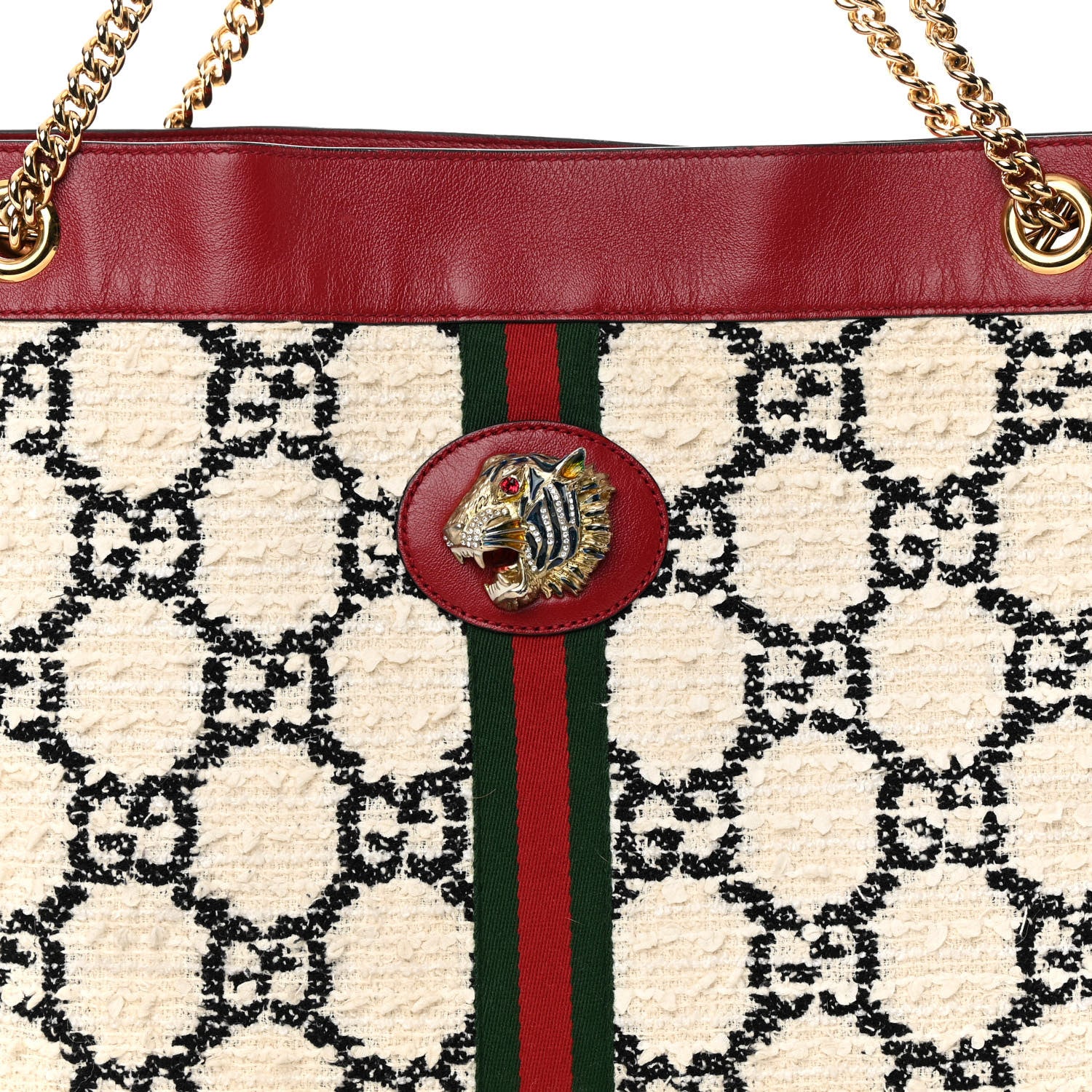 Gucci Tweed GG Monogram Large Rajah Chain Tote White Black Romantic Cherry 9 of 19