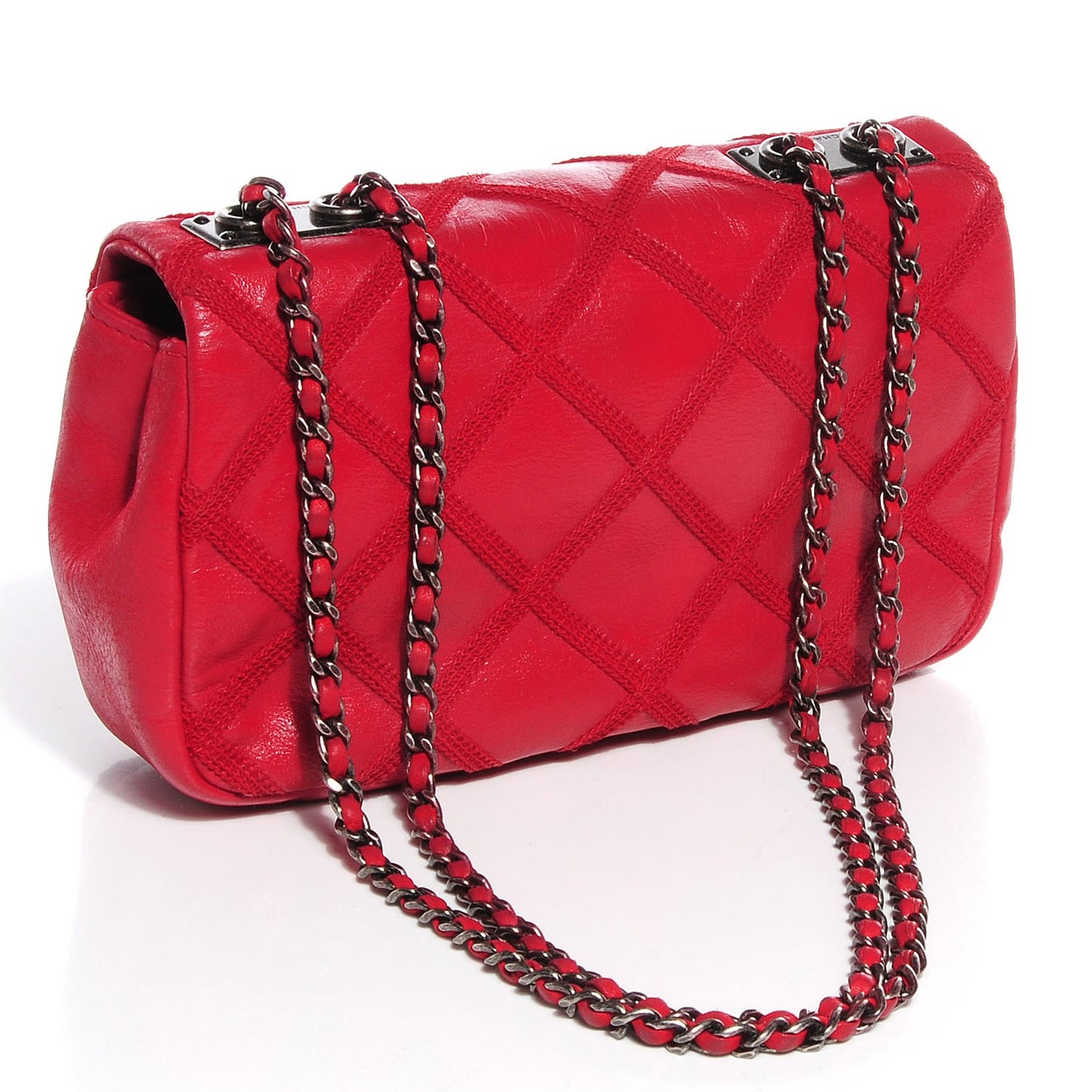 Iridescent Calfskin Diamond Embroidered Small Flap Red