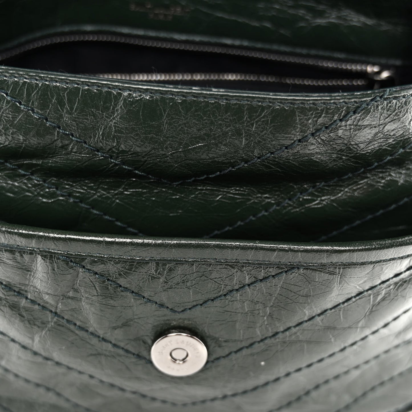 Crinkled Calfskin Matelasse Monogram Medium Niki Chain Satchel Military Olive