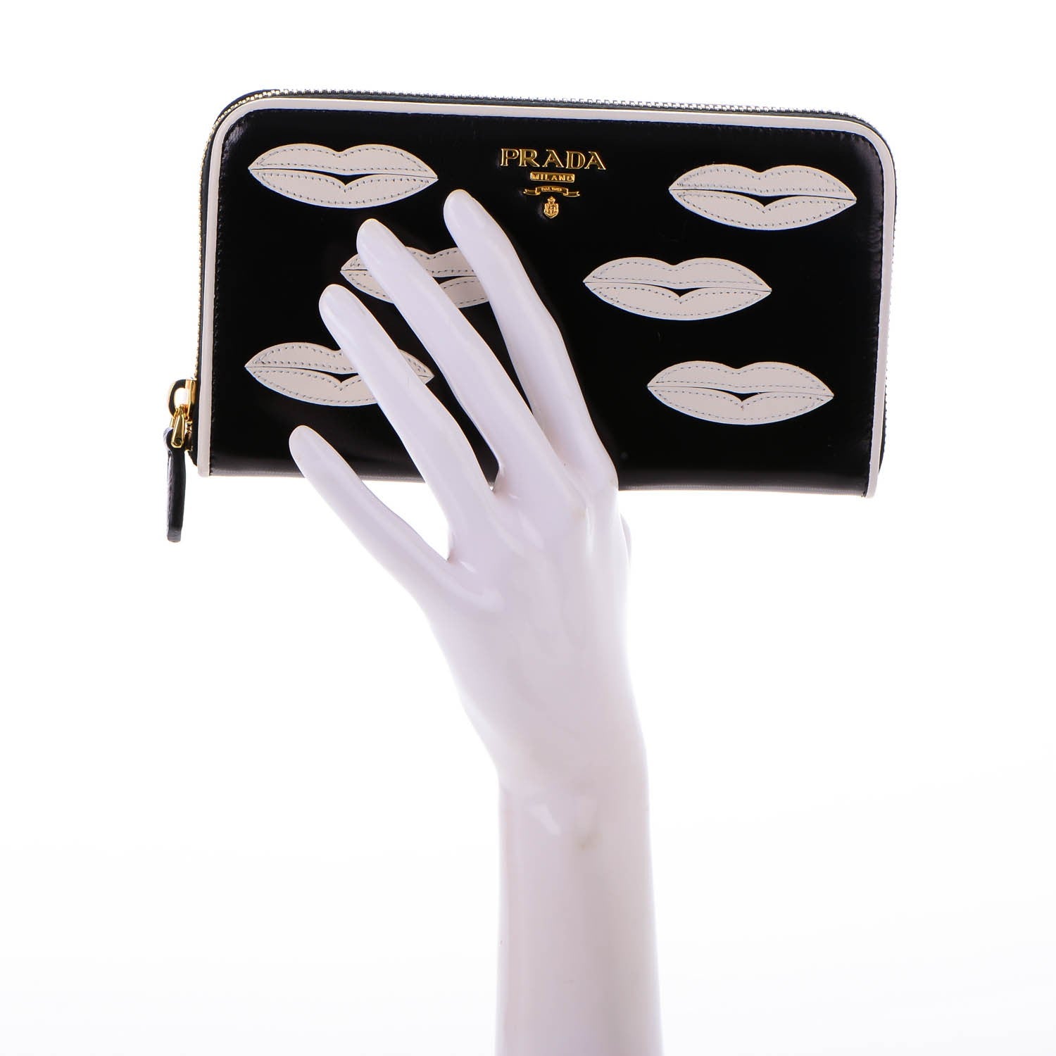 Prada Goatskin Lip Print Zip Around Wallet Black Talco 2 of 8