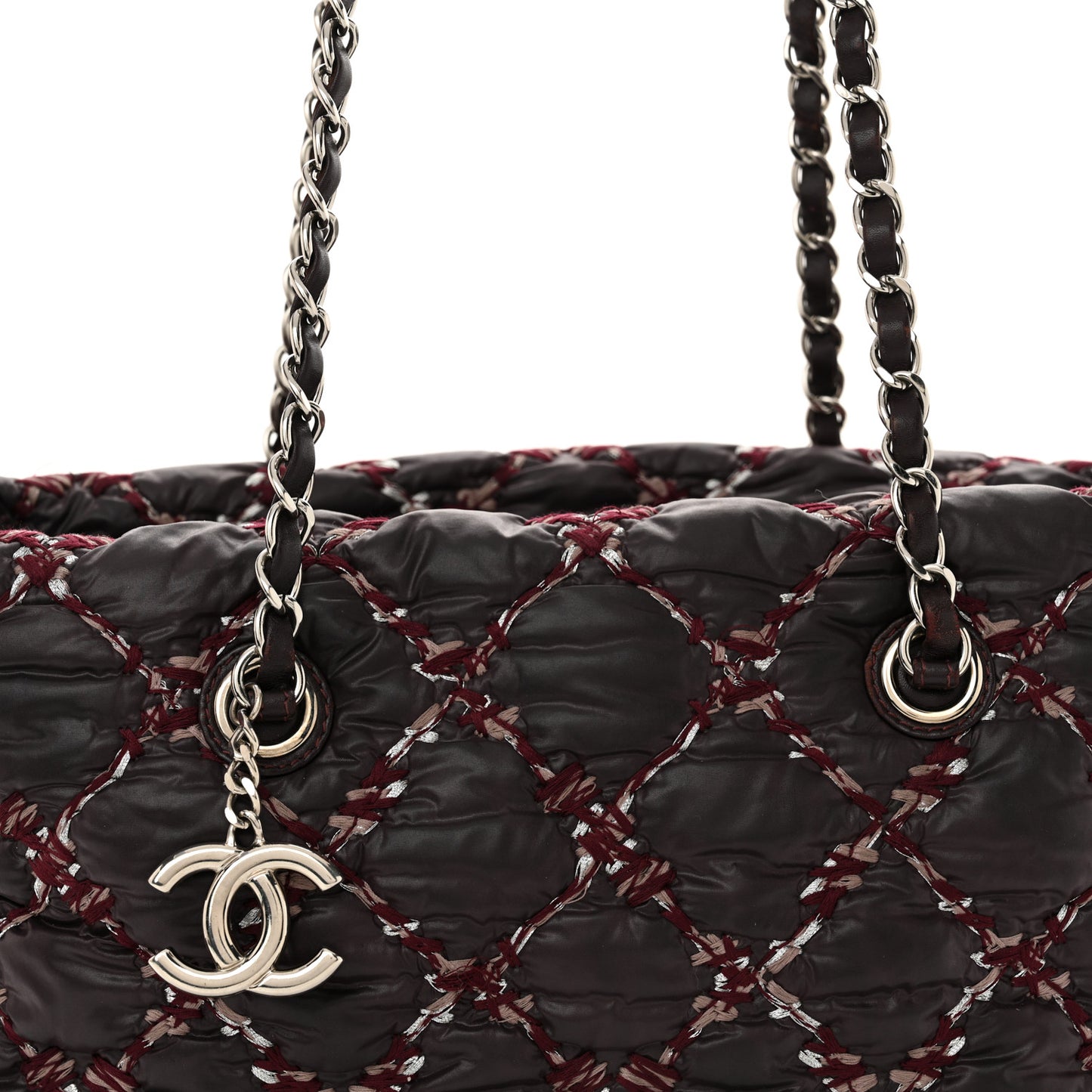 Nylon Quilted Tweed Stitch Bubble Tote Plum
