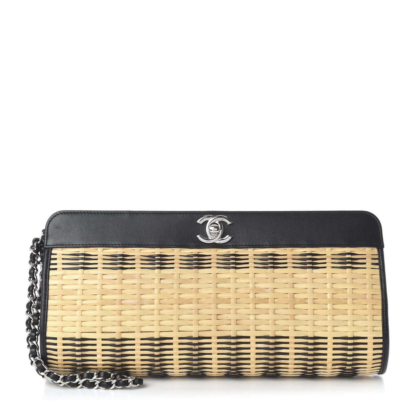 Rattan Calfskin CC Chain Wristlet Clutch Black Beige