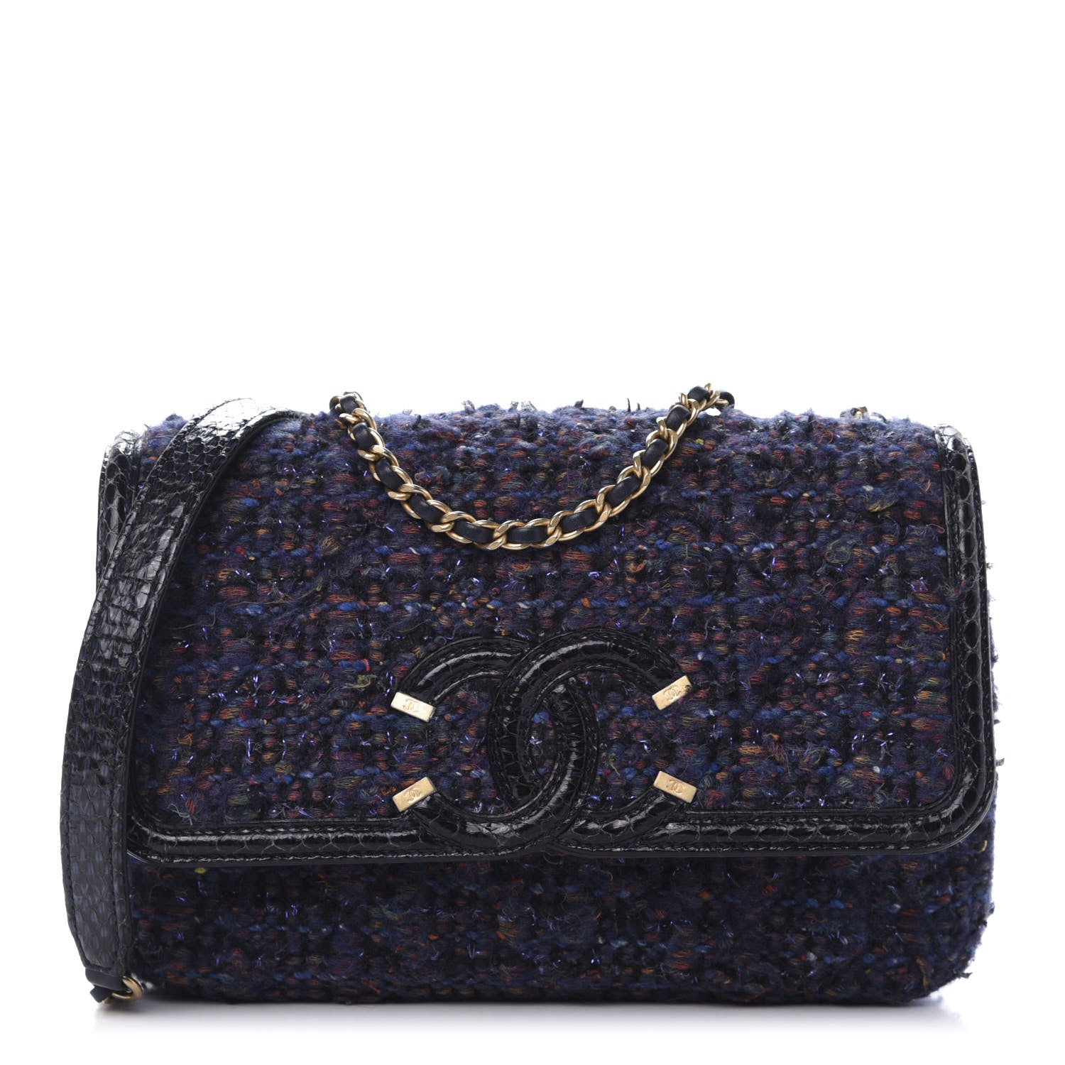 Chanel Tweed Watersnake Quilted Medium CC Filigree Flap Blue Black 1 of 12