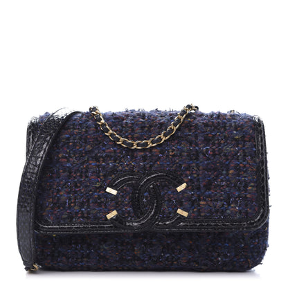Chanel Tweed Watersnake Quilted Medium CC Filigree Flap Blue Black 1 of 12