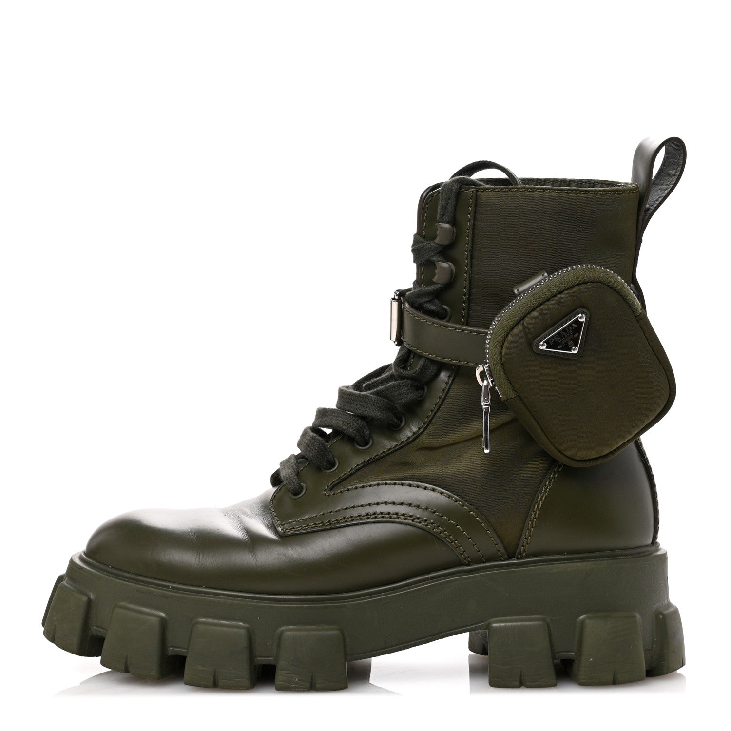 Prada Spazzolato Rois Re-Nylon Metal Triangle Logo Mens Monolith Pouch Pocket 55mm Boots 8 Militare 1 of 14