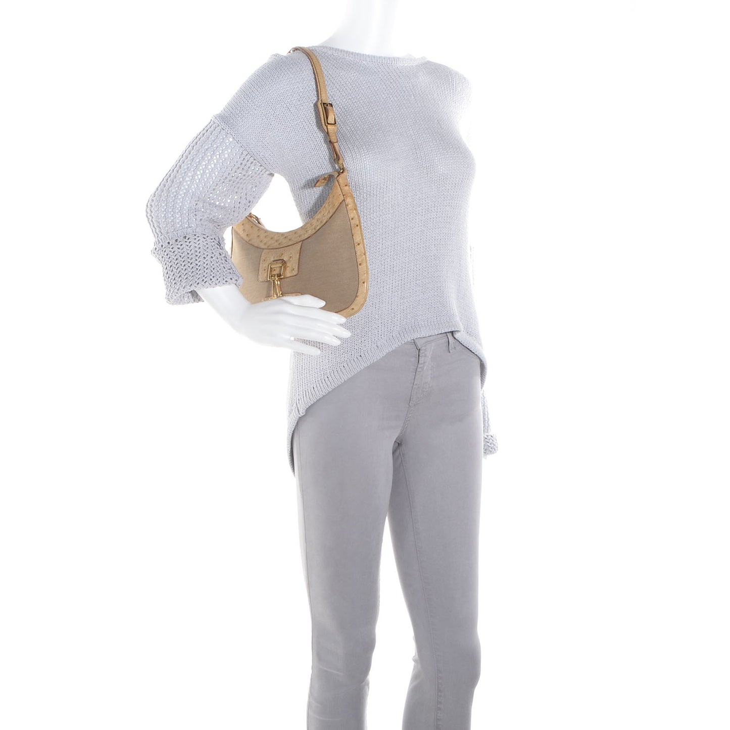 Ostrich Canvas Small Hobo Beige