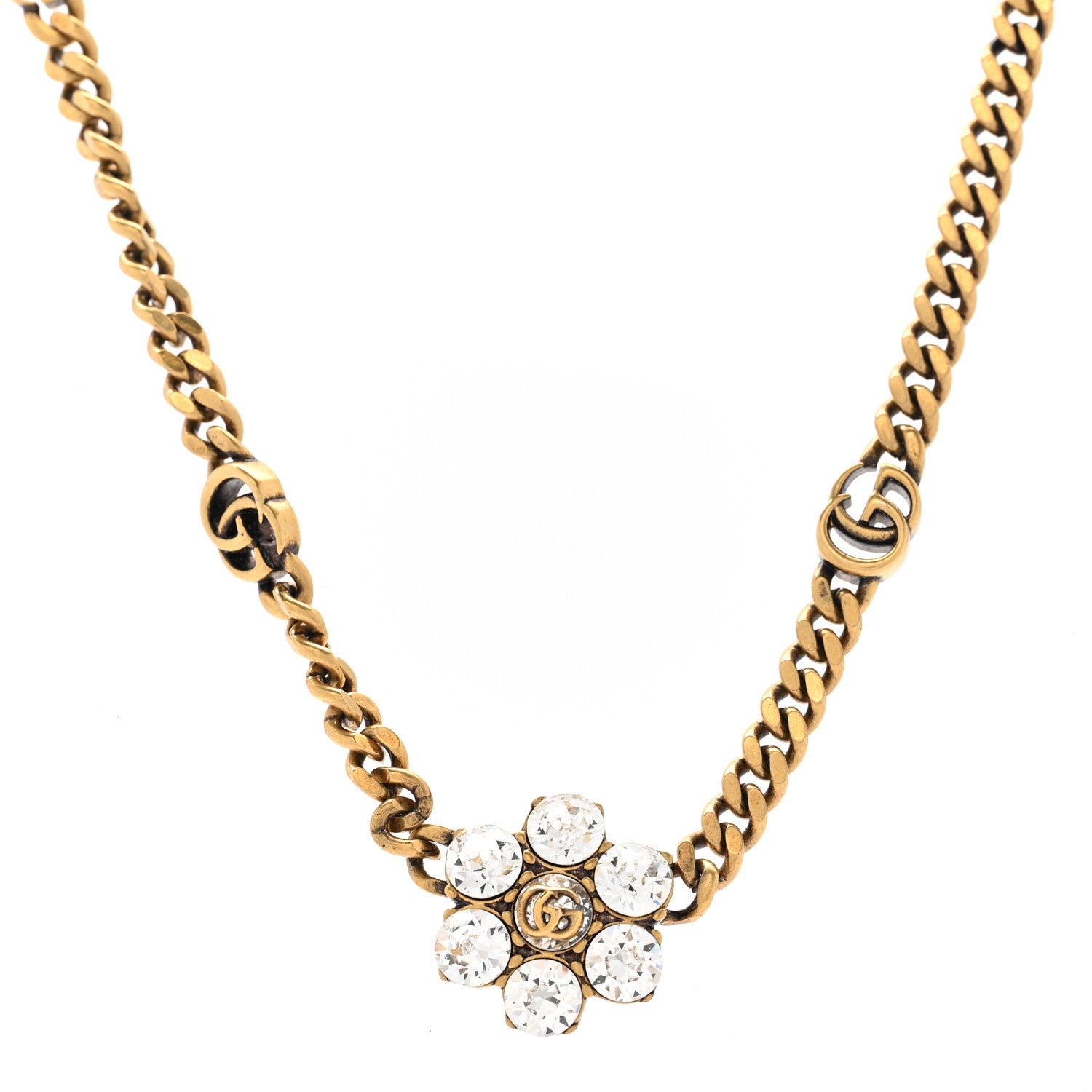 Gucci Crystal Double G Flower Chain Necklace Aged Gold 1 of 5