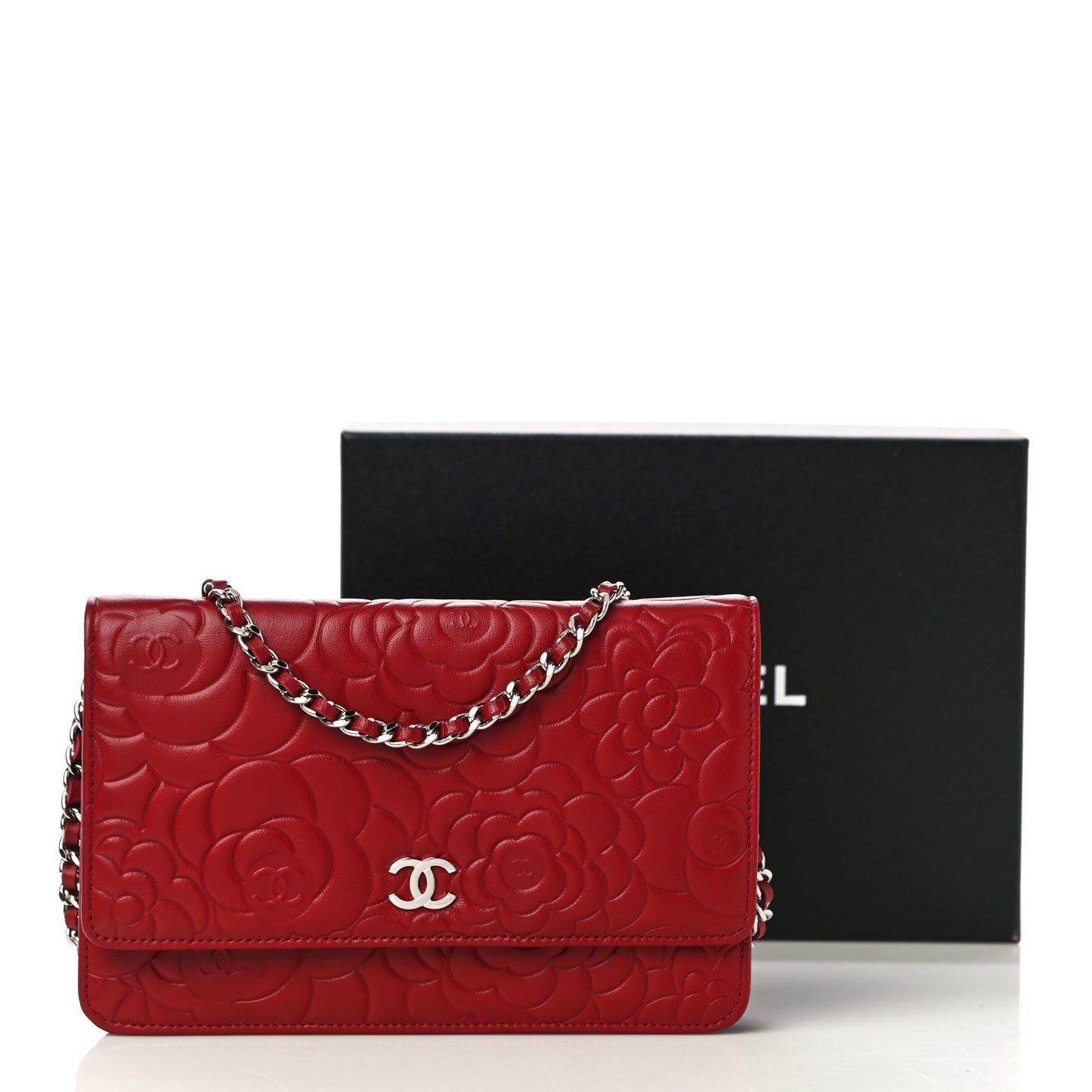 Lambskin Camellia Embossed Wallet On Chain WOC Red