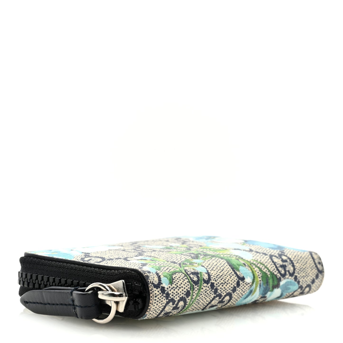 GG Supreme Monogram Blooms Zip Around Card Case Wallet Beige Blue Navy