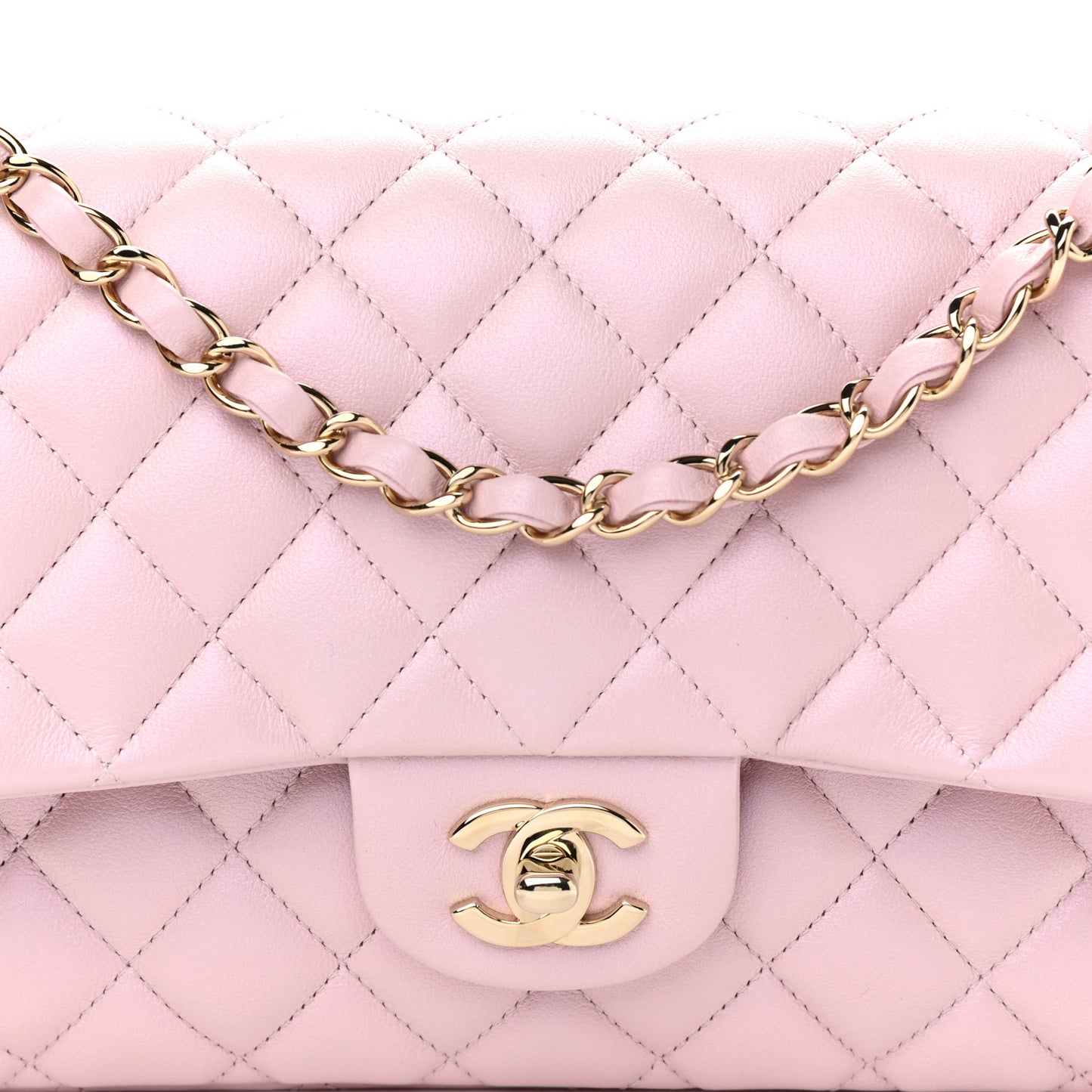 Iridescent Calfskin Quilted Medium Double Flap Light Pink