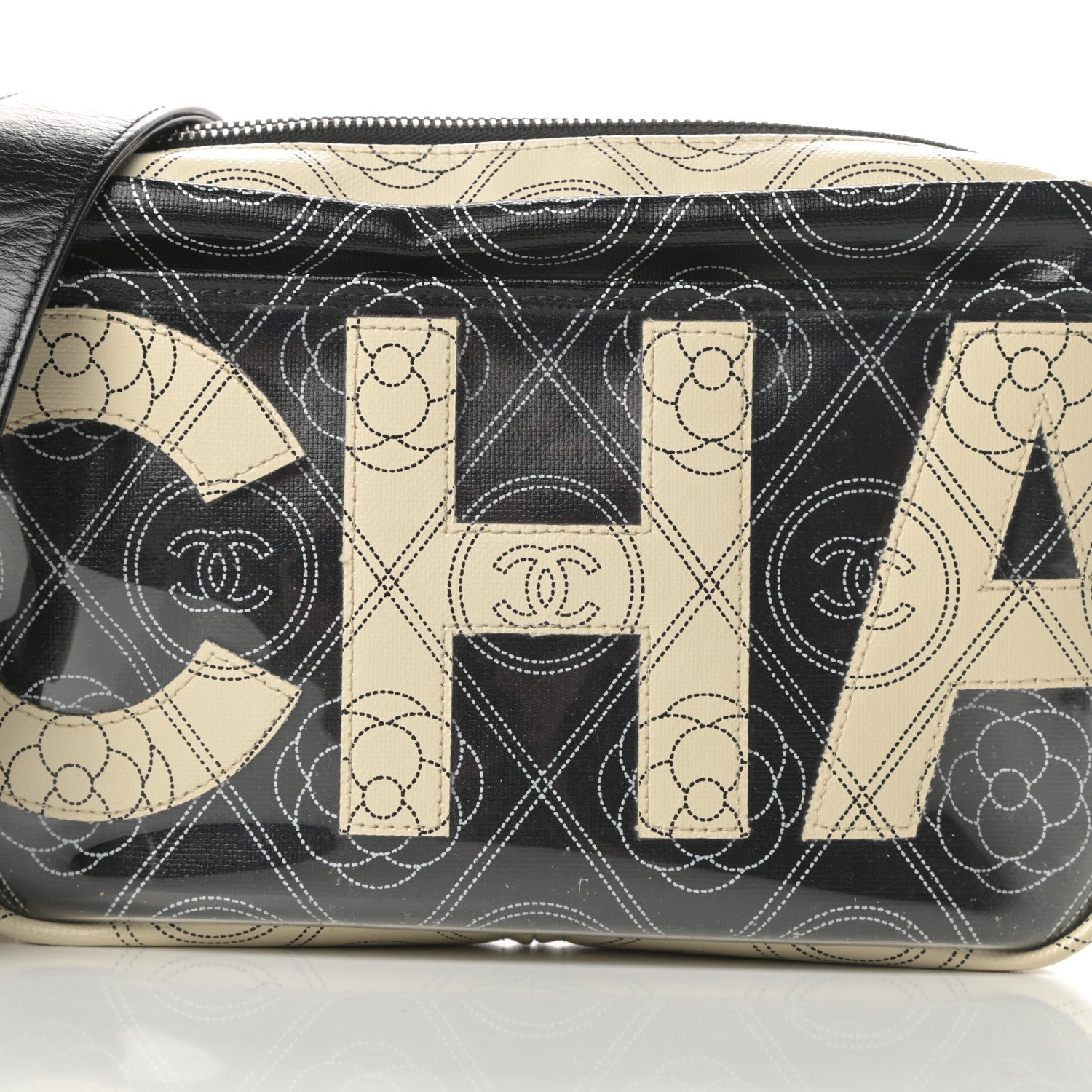 Chanel Coated Canvas Calfskin Camellia Printed Camera Case Black Beige 9 of 11