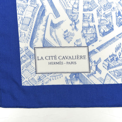 Hermes Cashmere Silk La Cite Cavaliere Shawl 140 Bleu Roy White Encre 2 of 4