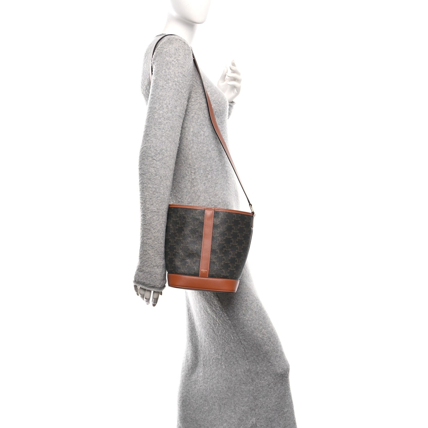 Celine Triomphe Canvas Calfskin Small Bucket Bag Tan 3 of 11