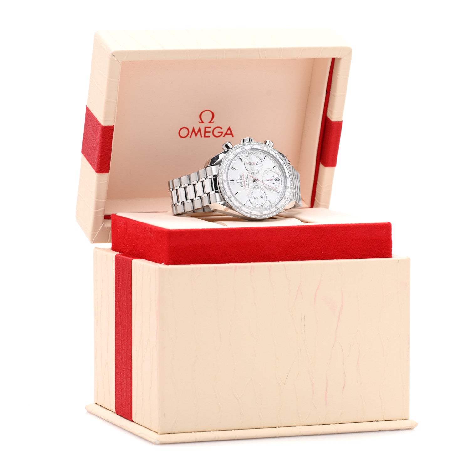 Omega Stainless Steel Diamond Bezel Mother of Pearl 38mm Speedmaster Chronograph Automatic Watch 324.38.38.50.55.001 5 of 5