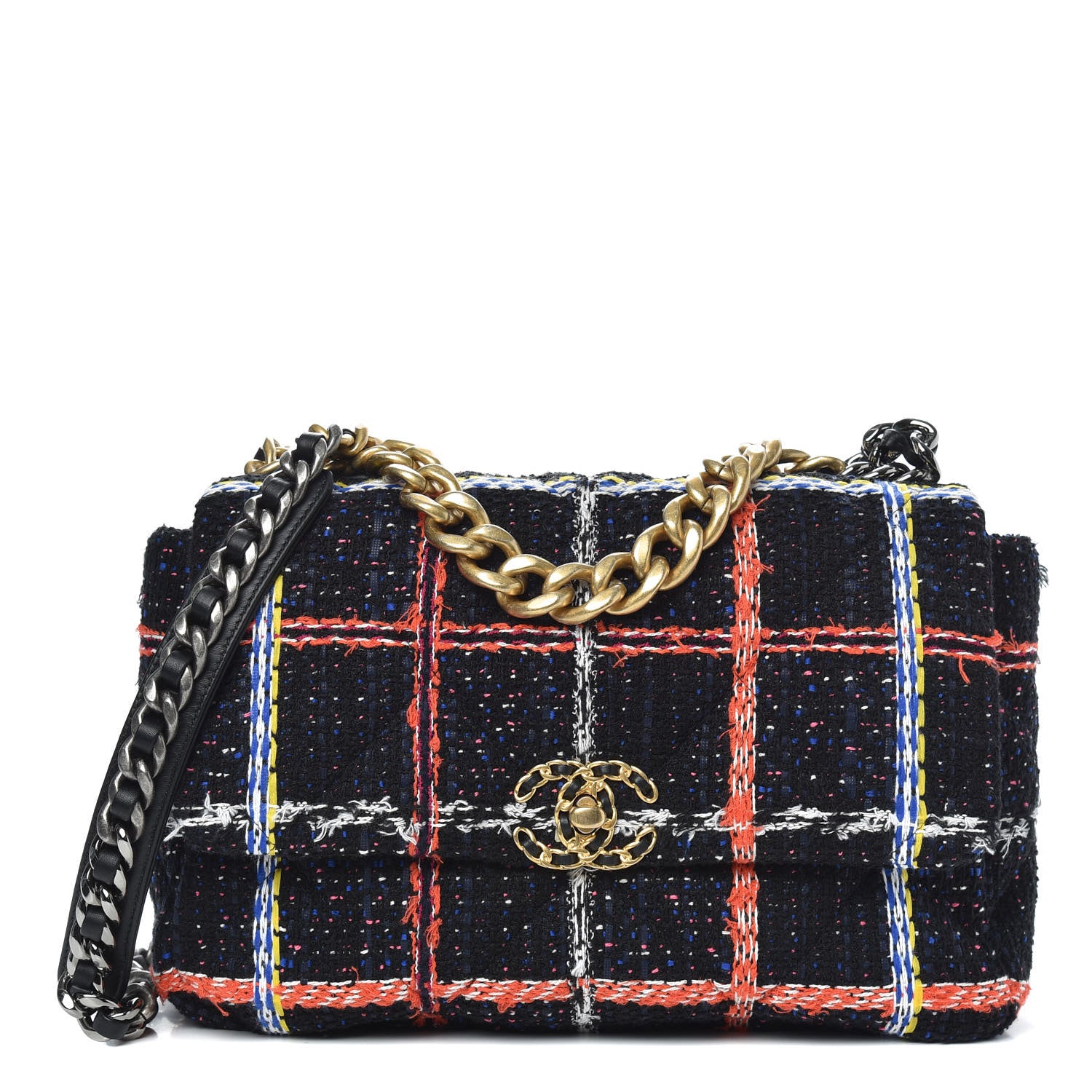 Chanel Tweed Quilted Large Chanel 19 Flap Black Orange Blue 1 of 12