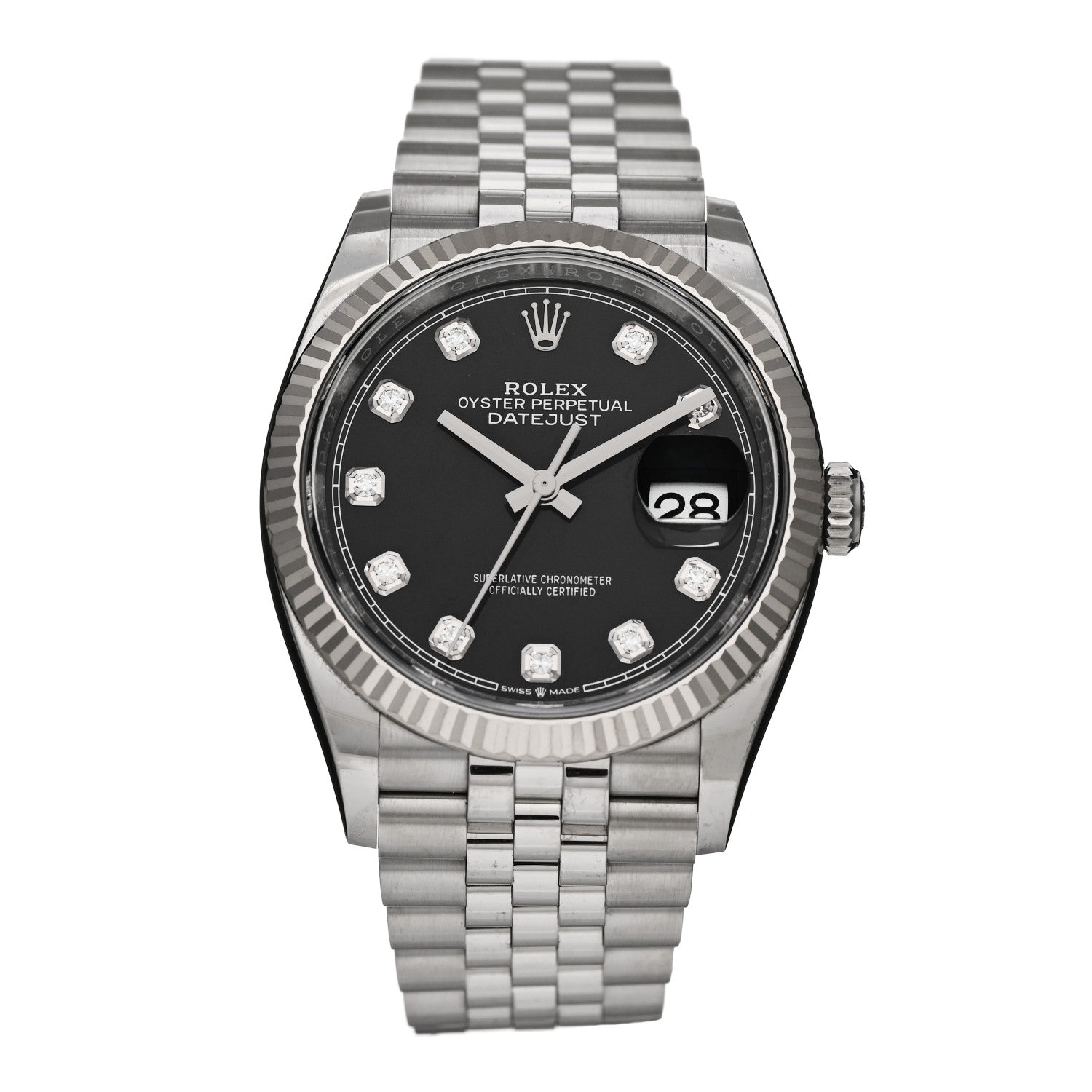 Rolex Stainless Steel 18K White Gold Diamond 36mm Oyster Perpetual Datejust Watch Black 126234 1 of 5
