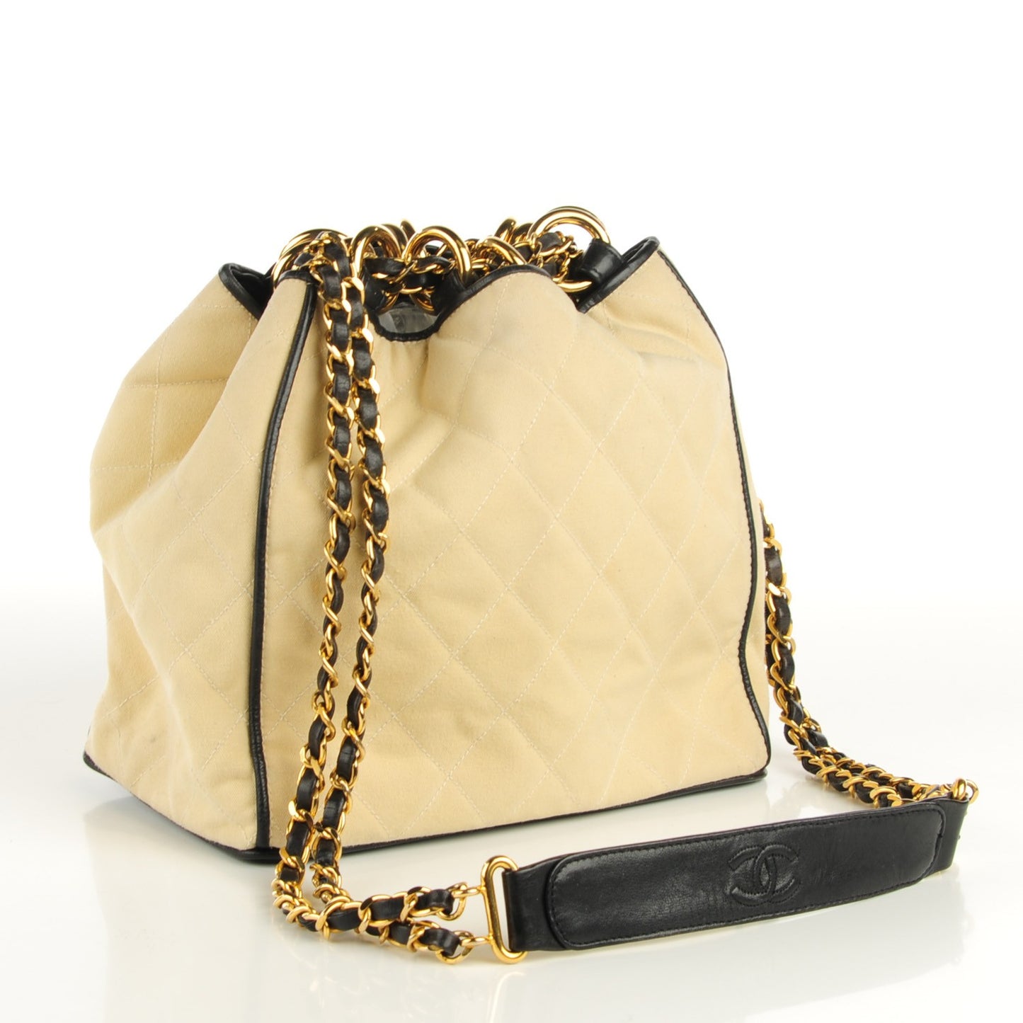 Canvas Calfskin Drawstring Shoulder Bag Beige Navy