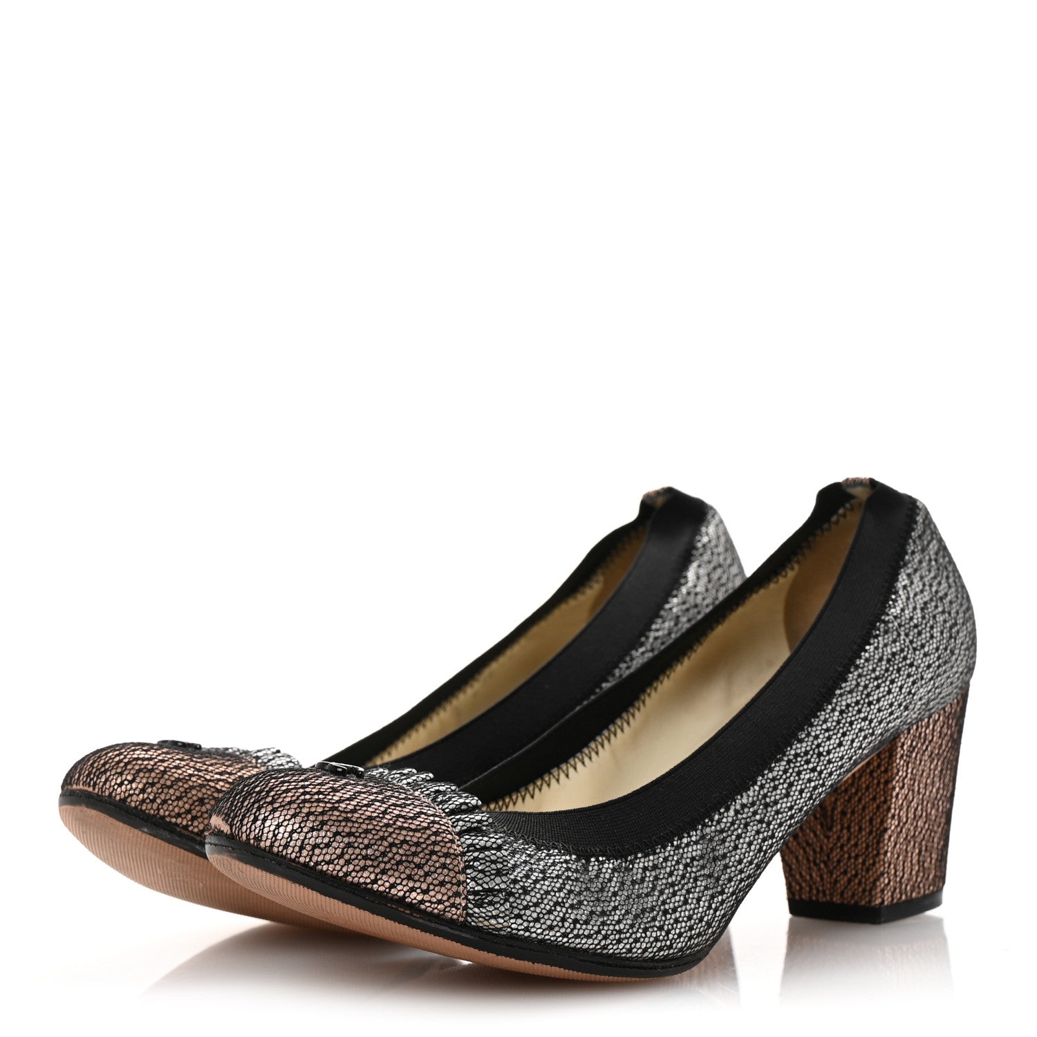 Chanel Lace Lambskin CC Elastic Stretch Pumps 39 Black Silver Rose Gold 4 of 12