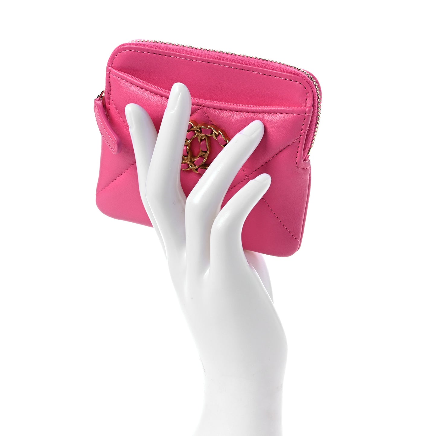 Lambskin Quilted Chanel 19 Zip Card Holder Wallet Pink