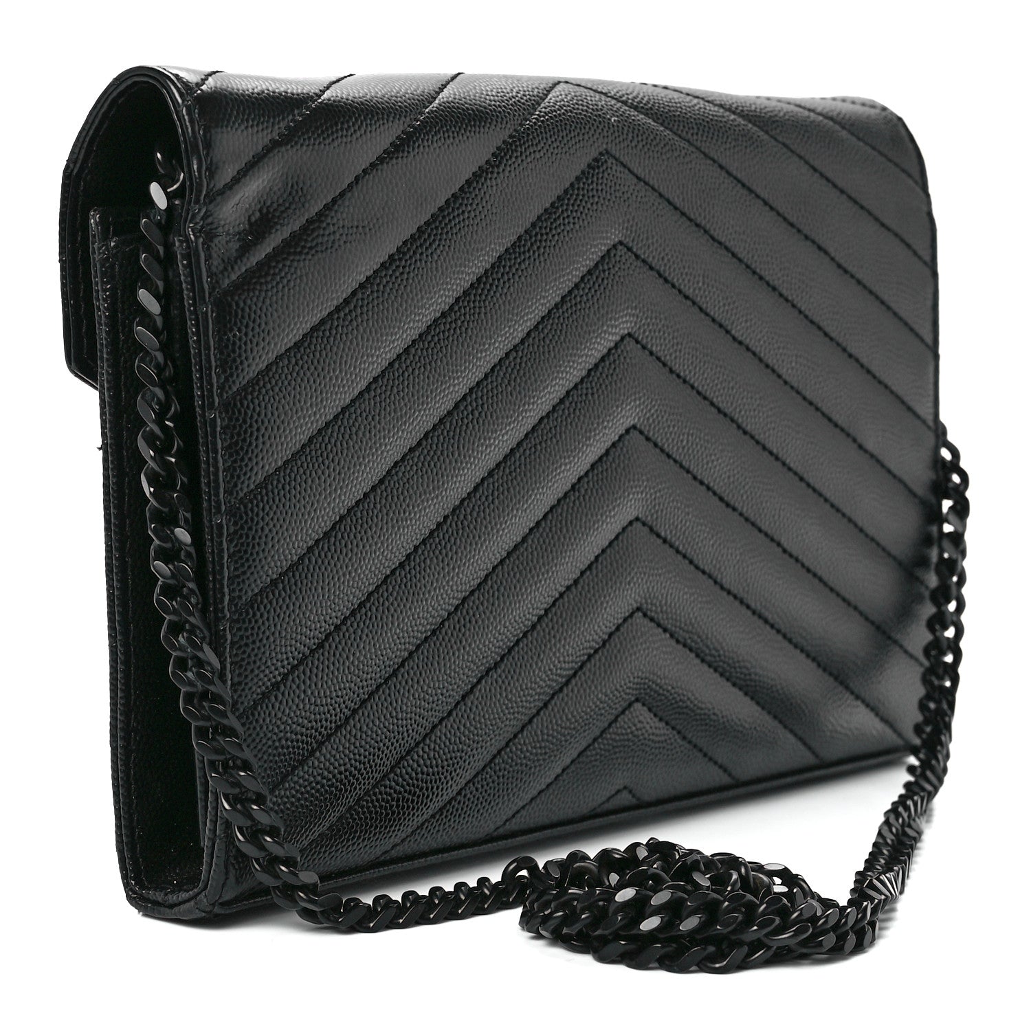 Saint Laurent Grain De Poudre Matelasse Chevron Monogram Monochrome Chain Wallet Black 3 of 10