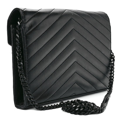 Saint Laurent Grain De Poudre Matelasse Chevron Monogram Monochrome Chain Wallet Black 3 of 10