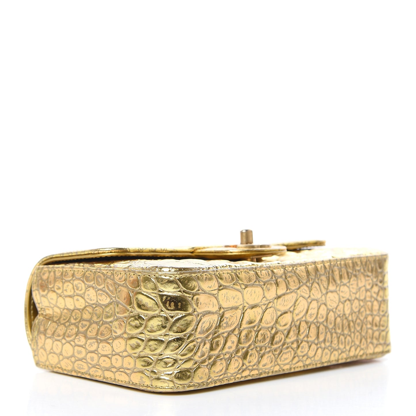 Metallic Calfskin Crocodile Embossed Cocodile Rectangular Mini Flap Gold