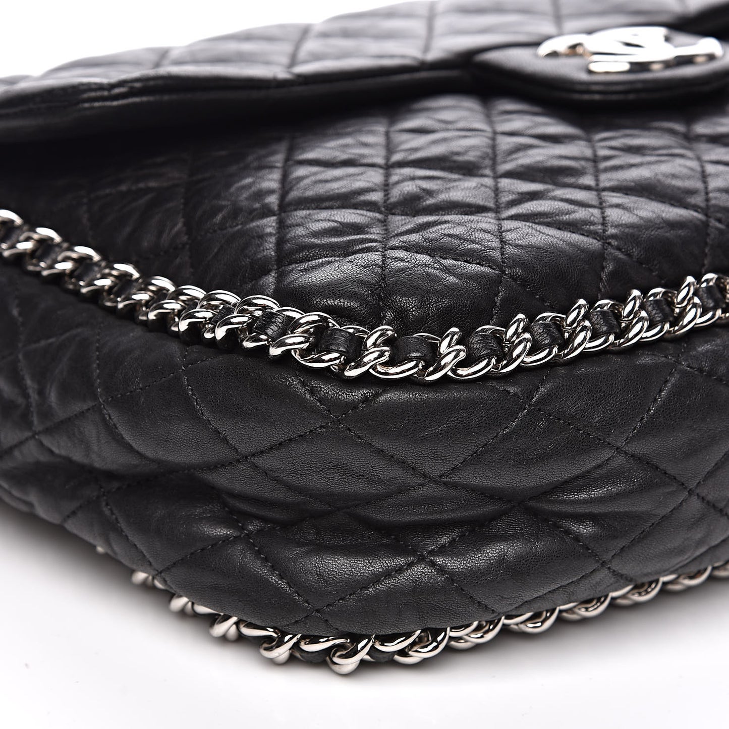 Washed Lambskin Quilted Maxi Chain Around Flap Black