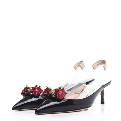 Gucci Patent PVC Bamboo Crystal Strawberry Eleonor Low Heel Slingback Pumps 37 Black 3 of 10