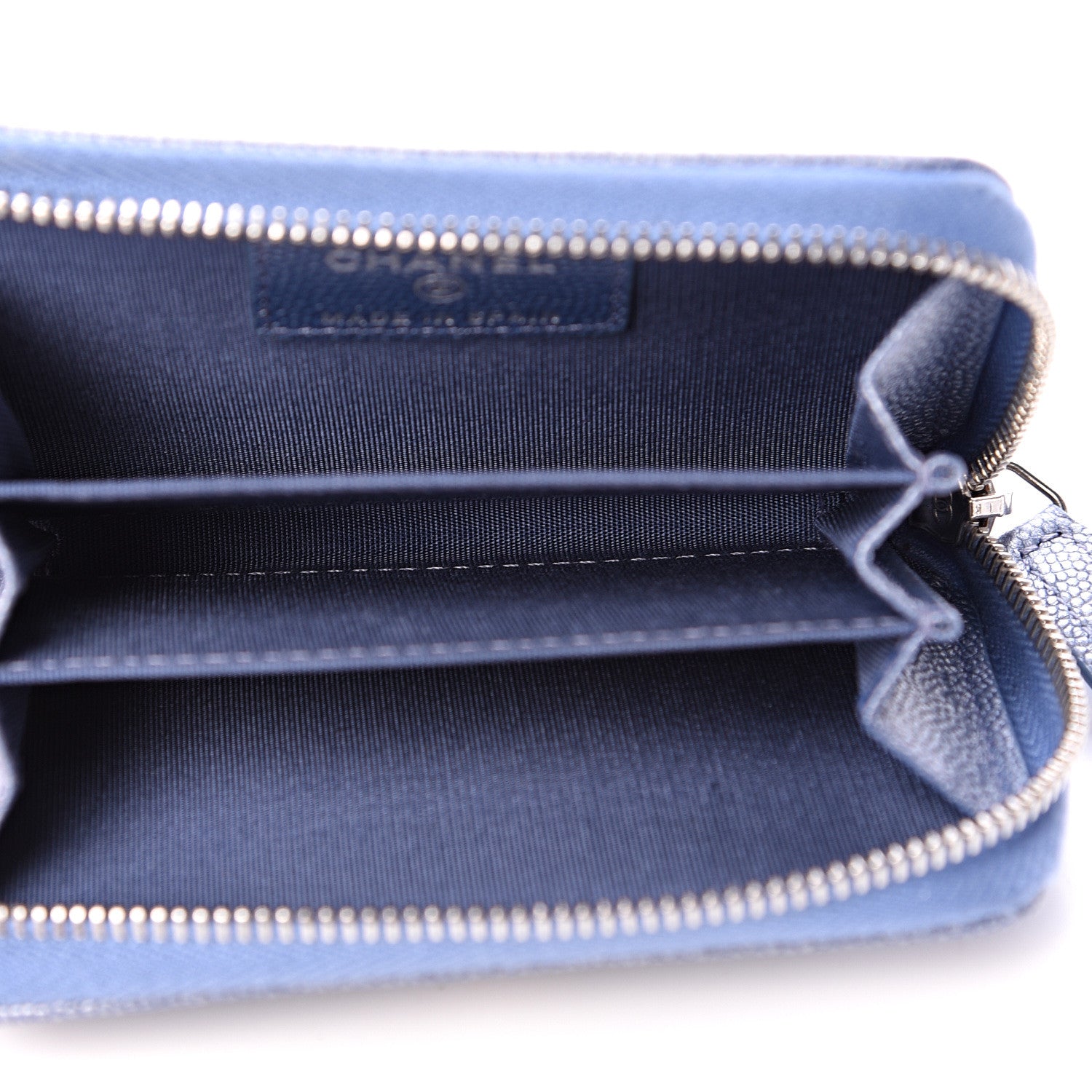 Chanel Metallic Caviar Chevron Quilted Vintage Mademoiselle Zip Coin Purse Light Blue 4 of 7