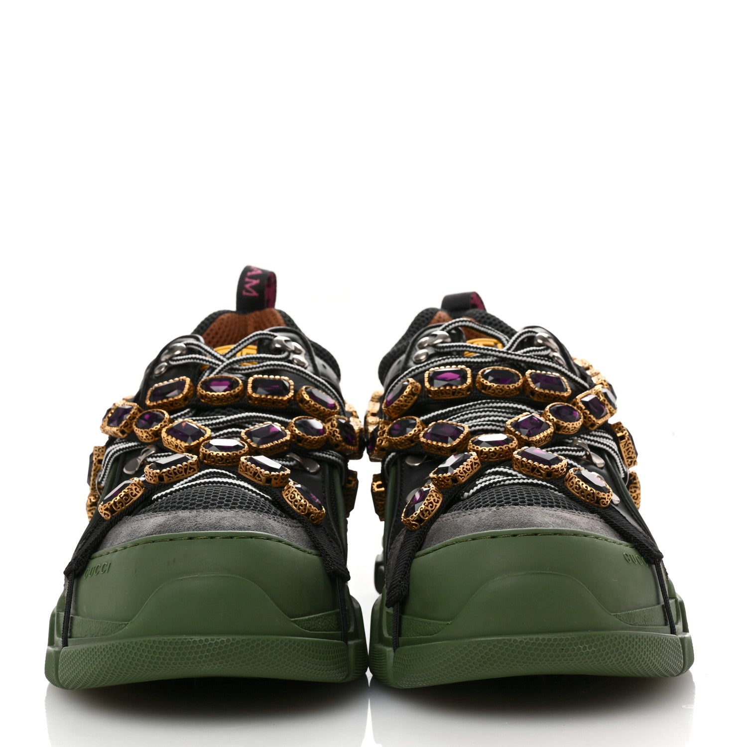 Gucci X SEGA Mesh Suede Calfskin Removable Crystals Mens Flashtrek Sneakers 12 Loess Black Olive Green 3 of 10