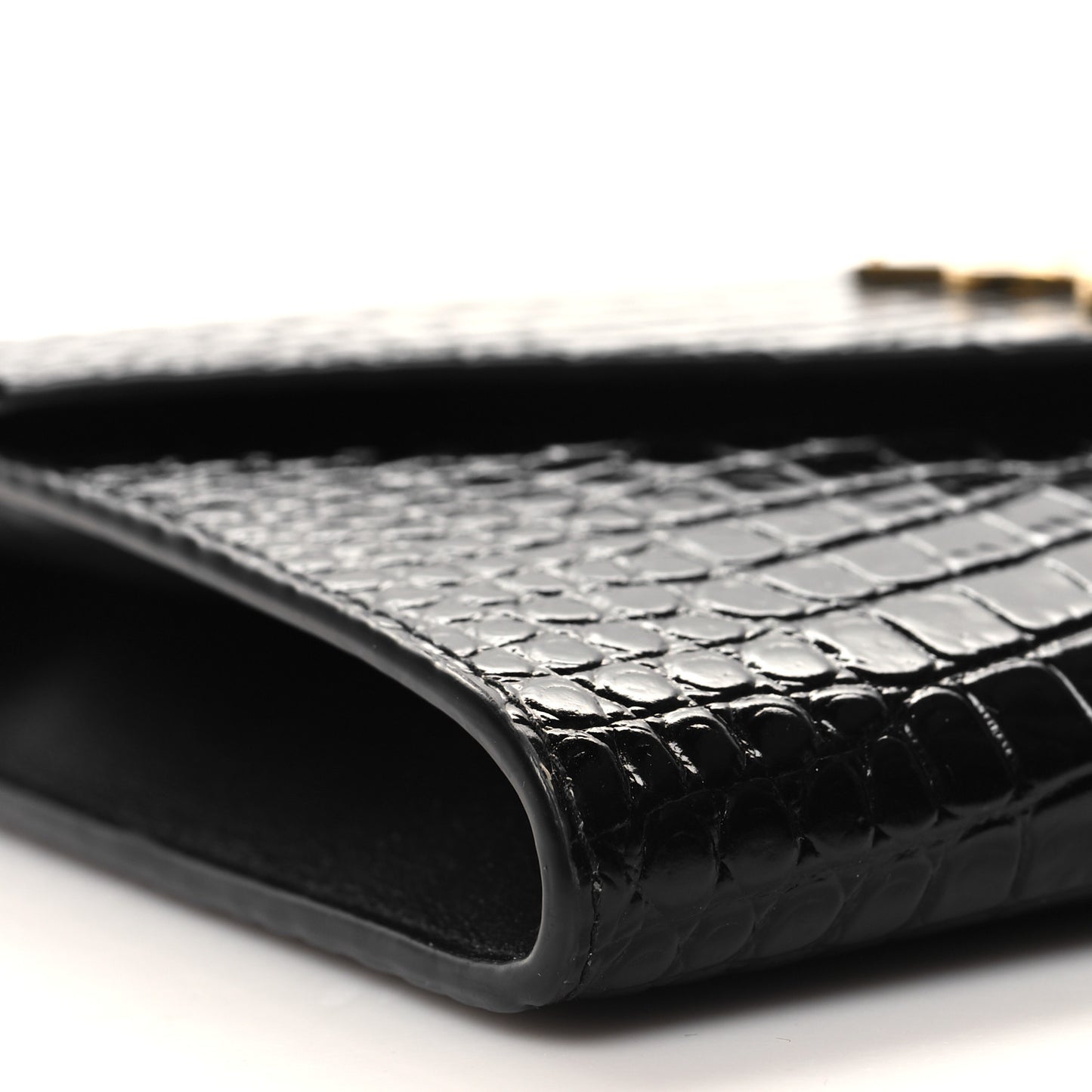 SAINT LAURENT Calfskin Crocodile Embossed Monogram Cassandre Flap Pouch Black