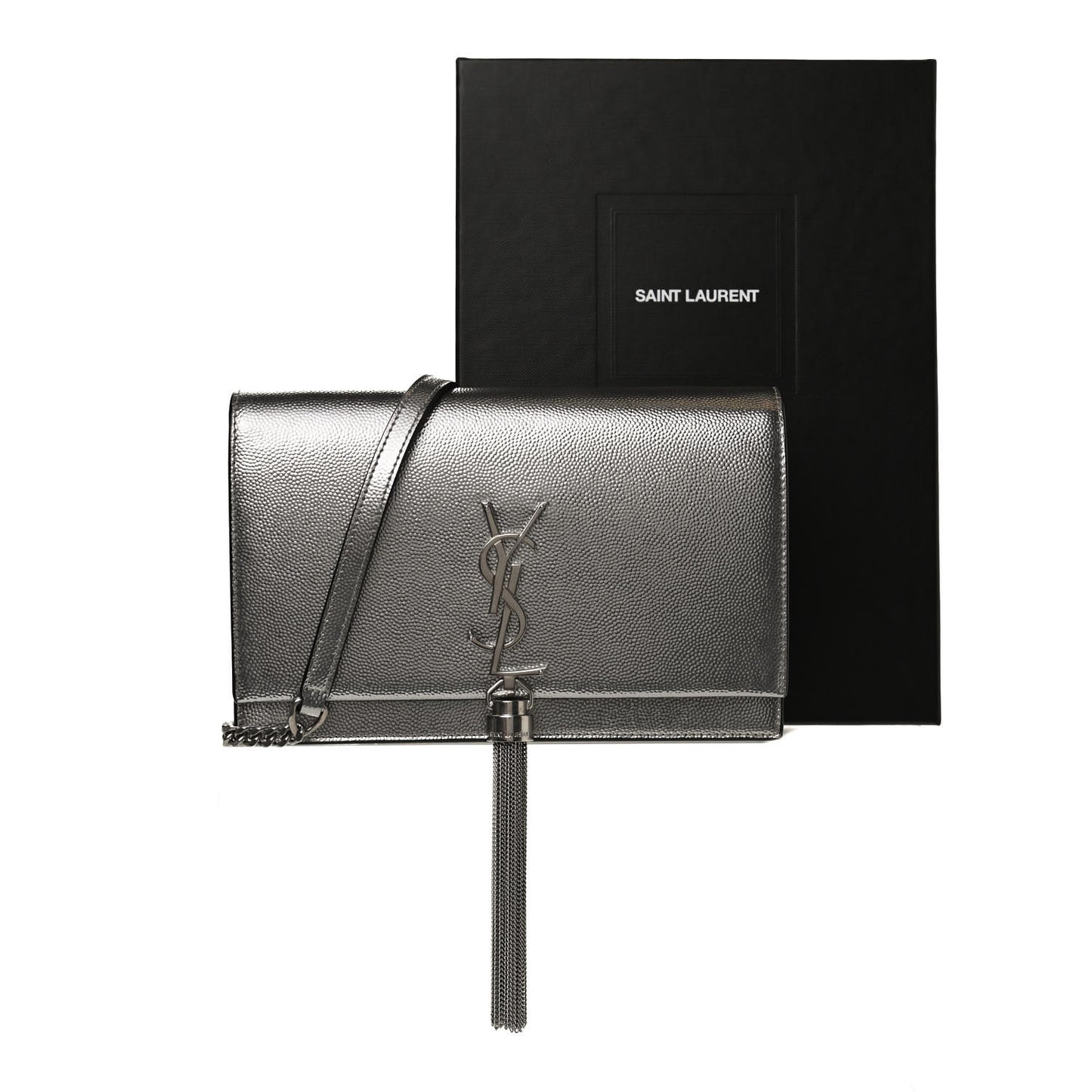 Metallic Grain De Poudre Kate Monogram Tassel Chain Wallet Silver