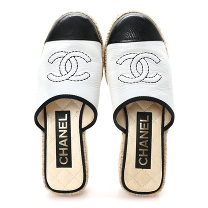 Chanel Crumpled Goatskin CC Espadrille Mules 36 White Black 2 of 9
