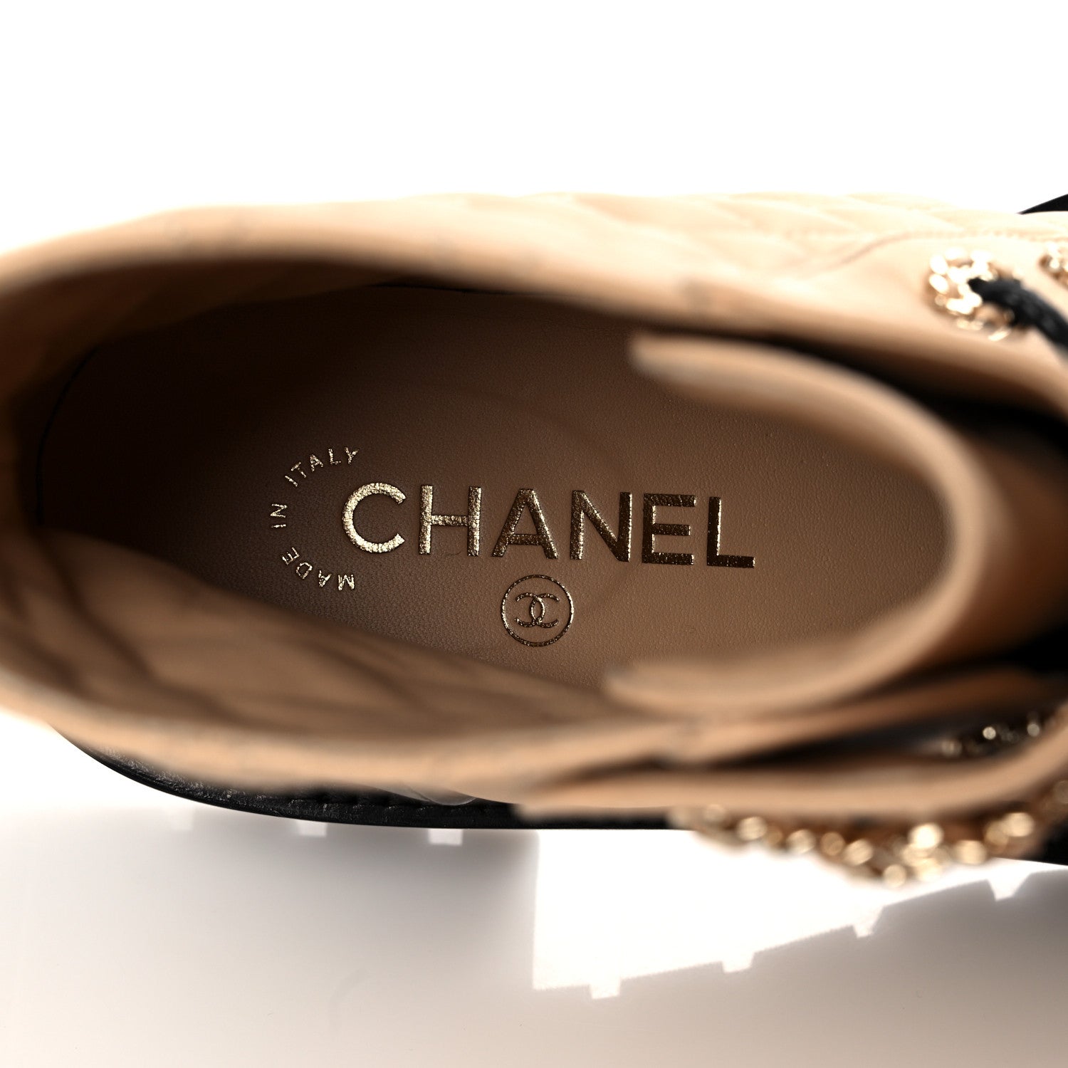 Chanel Shiny Lambskin Quilted Lace Up Combat Boots 39.5 Beige Black 7 of 9