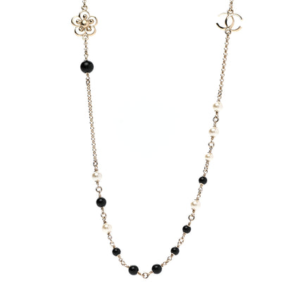 Chanel Pearl Crystal Flower CC Necklace Gold Black 1 of 7